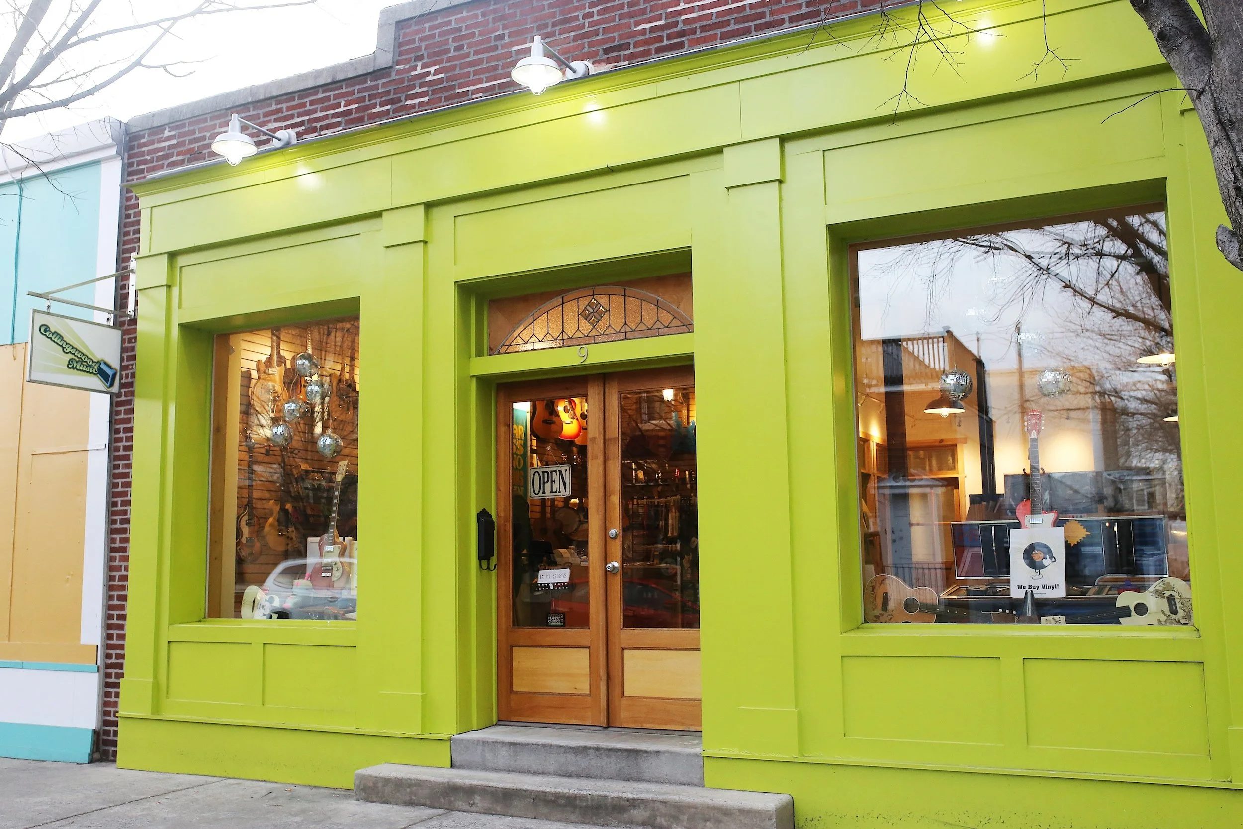 Front entrance and storefront of Collingswood Music in downtown Collingswood