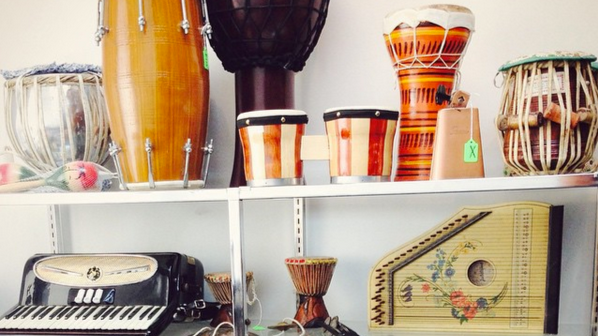 Middle Eastern and African percussion instruments on the showroom floor