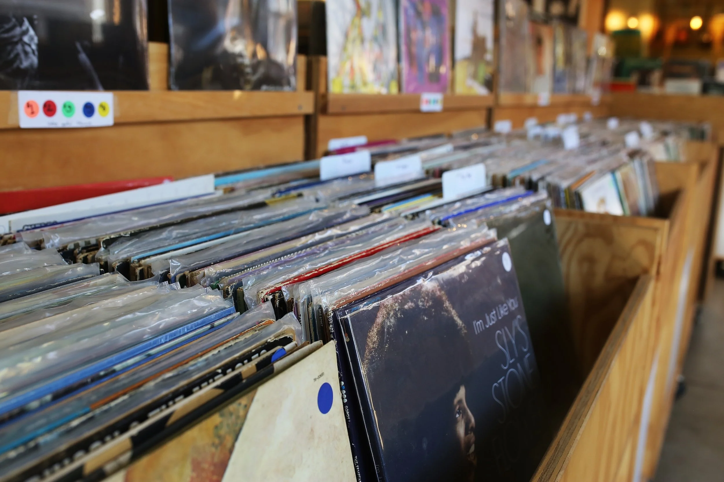 Large selection of used and new vinyl records in store bins