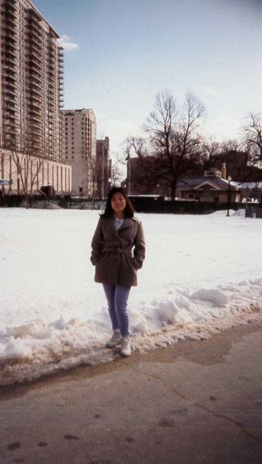 Pictured: My mom standing in a snowy Boston Common, getting accustomed to her new life in America.