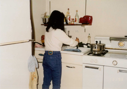 There was no dishwasher, and you can see here that there were only two burners on the stove top. Cockroaches were all over the apartment, even on the stove tops and sometimes my mother would wake up early in the morning just to kill the cockroaches.