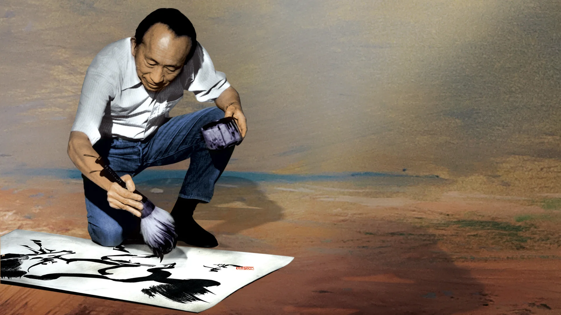 Colorized black and white photo of Tyrus painting; courtesy of PBS