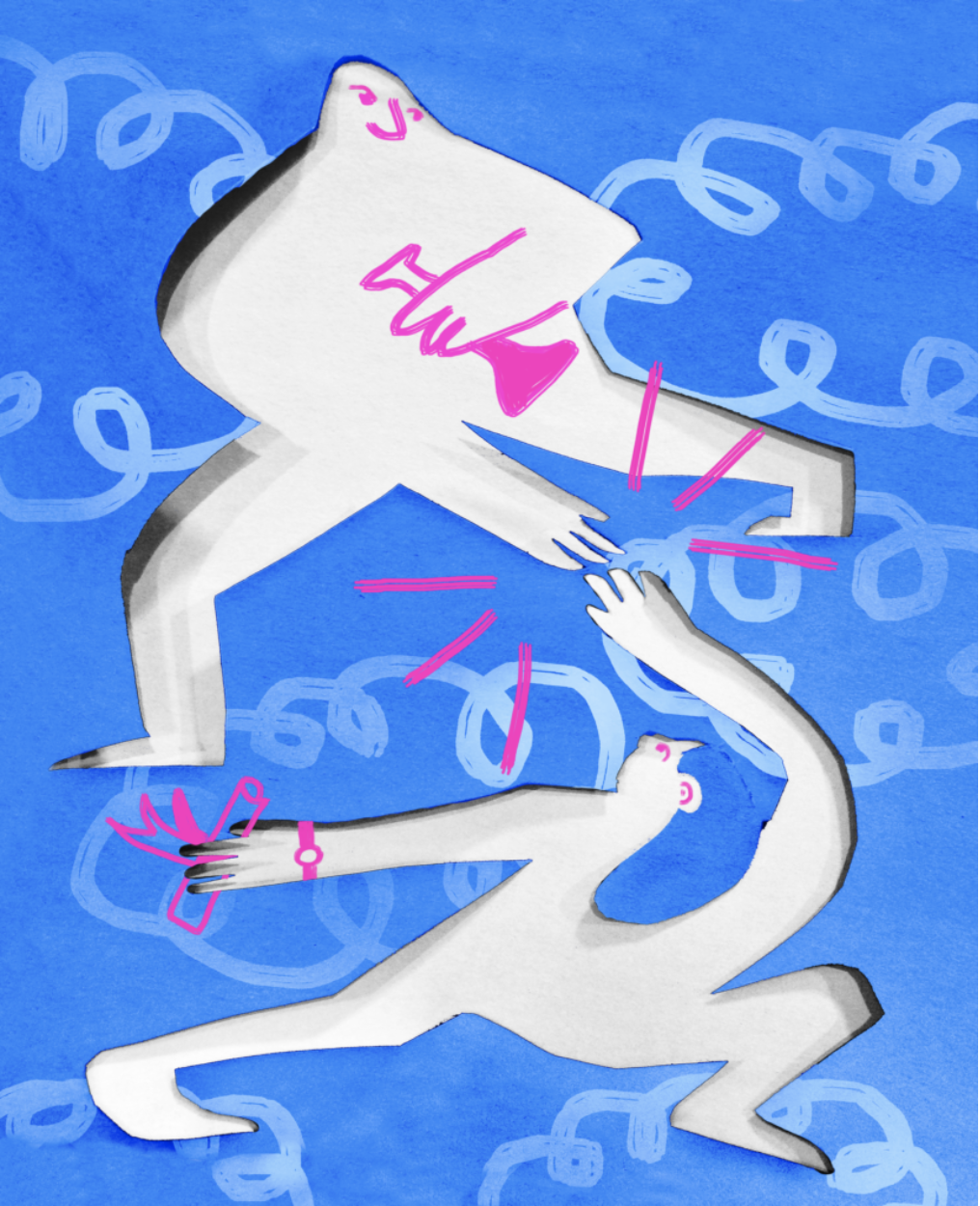 Pictured: Lily Xie’s illustration of two people for Boston Hassle to accompany ‘So I’m a Student- Now What?Source:  https://lilyxie.cargo.site/Illustration