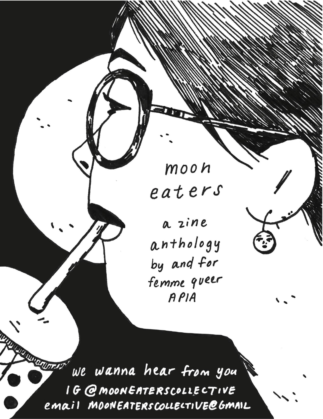 Pictured: Lily Xie’s illustration for Moon Eaters. A woman with glasses drinking from a straw.Source: https://lilyxie.cargo.site/Illustration