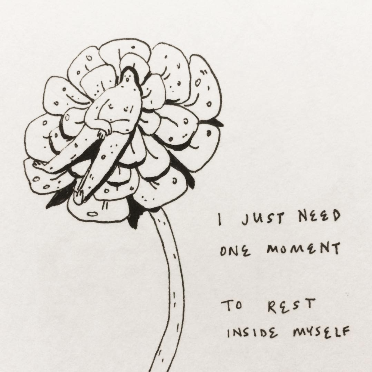 Pictured: Lily Xie’s art pieceA person is lying on a flower. The words on the right say, “I just need one moment/To rest inside myself”Source: https://www.instagram.com/p/BWoS7G0AVdH/