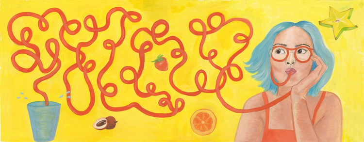 Pictured: Crystal Bi’s most recent art projectA person with glasses drinking from a long straw