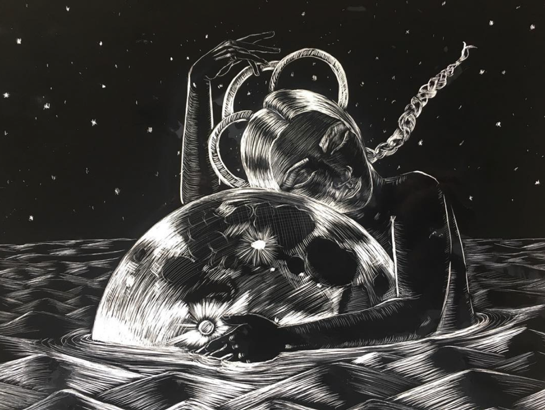 Pictured: Crystal Bi’s illustration using a scratch board from her instagram @crystalbi_bA person with braids hugging the moon