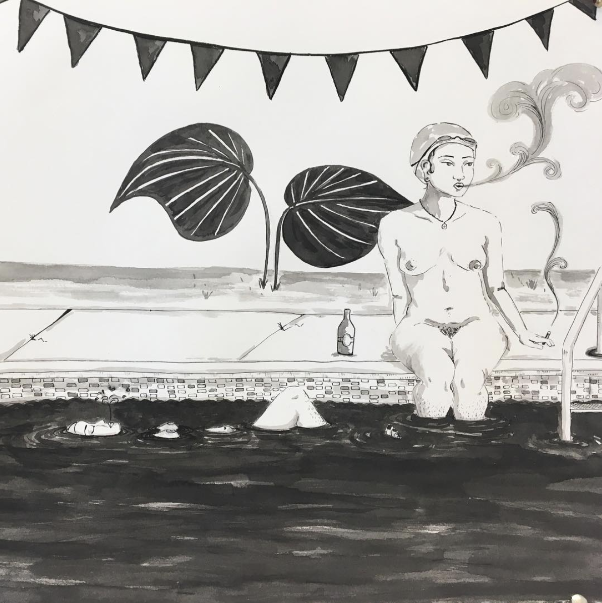 Pictured: Crystal Bi’s illustration using pen and ink from her instagram @crystalbi_b A person sitting on the pool smoking from a cigarette