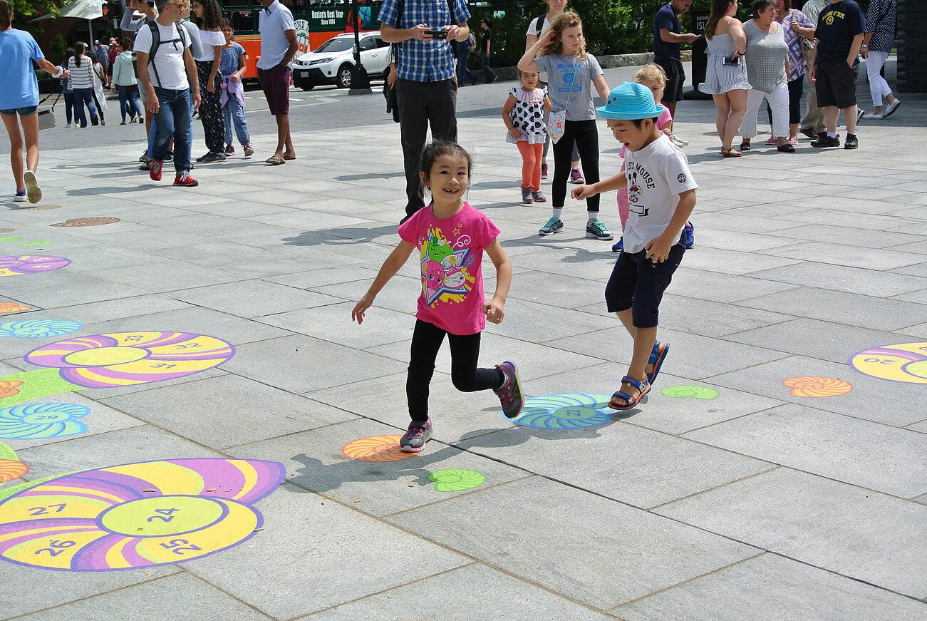 Playful Perspective Hopscotch, 2017, a collaborative work between Ponnapa and the Rose Kennedy Greenway ; image courtesy of the artist