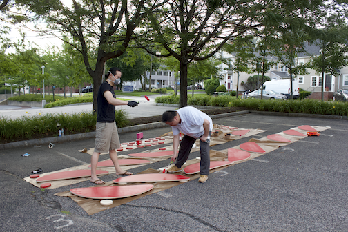 Henry and Warren painting parts for the Sampan benches at Sasaki; photo courtesy of the artist