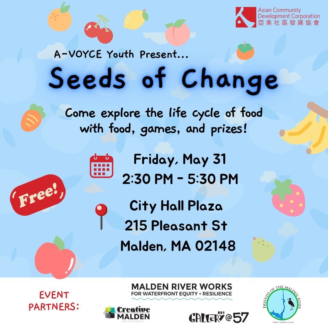 🍎 Join A-VOYCE for a free community event filled with fun that centers food justice! ⁠
⁠
⏰ WHEN: Friday, May 31st, 2:30-5:30PM⁠
📍WHERE: Malden City Hall Plaza, 215 Pleasant Street, Malden MA⁠
⁠
⭐️ This year's theme is the &quot;Life Cycle of Food!&
