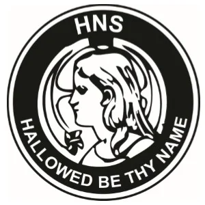 The Society makes use of a symbol of a man's head, surmounting a rayed halo, with a small Latin cross before his mouth. The motto of the Society is "Hallowed be Thy Name," which sits on the bottom rim of the symbol, the top rim having the letters "HNS," referring to the initials of the Society.