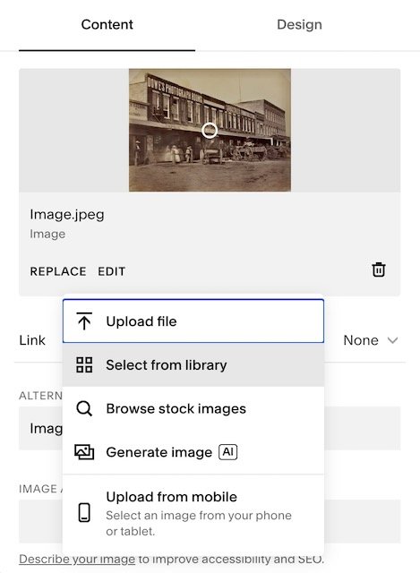 Squarespace screenshot of where to choose "Select from Library"