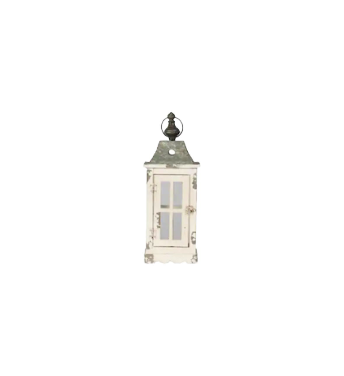 Distressed Ivory Wood Lantern with Galvanized Top
