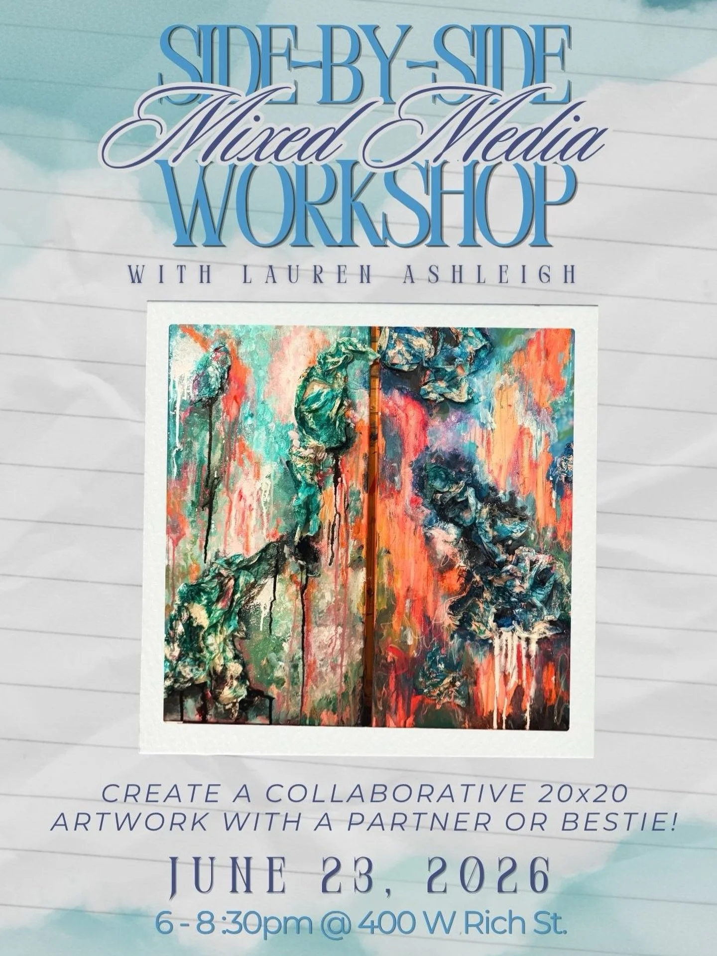 ✨NEW DATE for my next SIDE-by-SIDE WORKSHOP!
✨come make a collaborative mixed media 20x20 piece with a partner, bestie, family member, whoever!
✨no pressure. No expectations. Just play, texture, color, and connection. No experience necessary!
✨I&rsqu