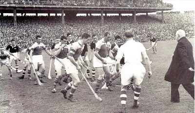 1955 All-Ireland Final. Dr Kinane the Archbishop of Cashel and Patron of the GAA throws in the ball to start the final between Wexford and Galway. This had been the practice since 1884 but ceased in the 1970s; from then on, the only players present for the throw-in are those at centrefield.