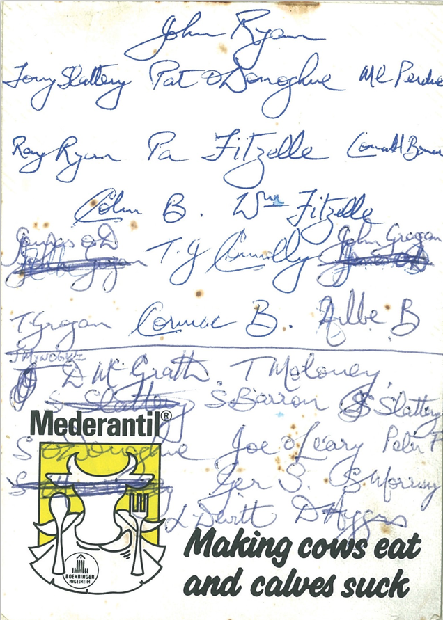 At the last meeting before the 1991 county final, the selectors and Justin McCarthy went into conclave in the Cashel Palace Hotel to pick the team. This piece of paper, supplied by Aengus Ryan from his job as office manager in O'Connors Vets, was used for writing out the team, and the handwriting was by Aengus