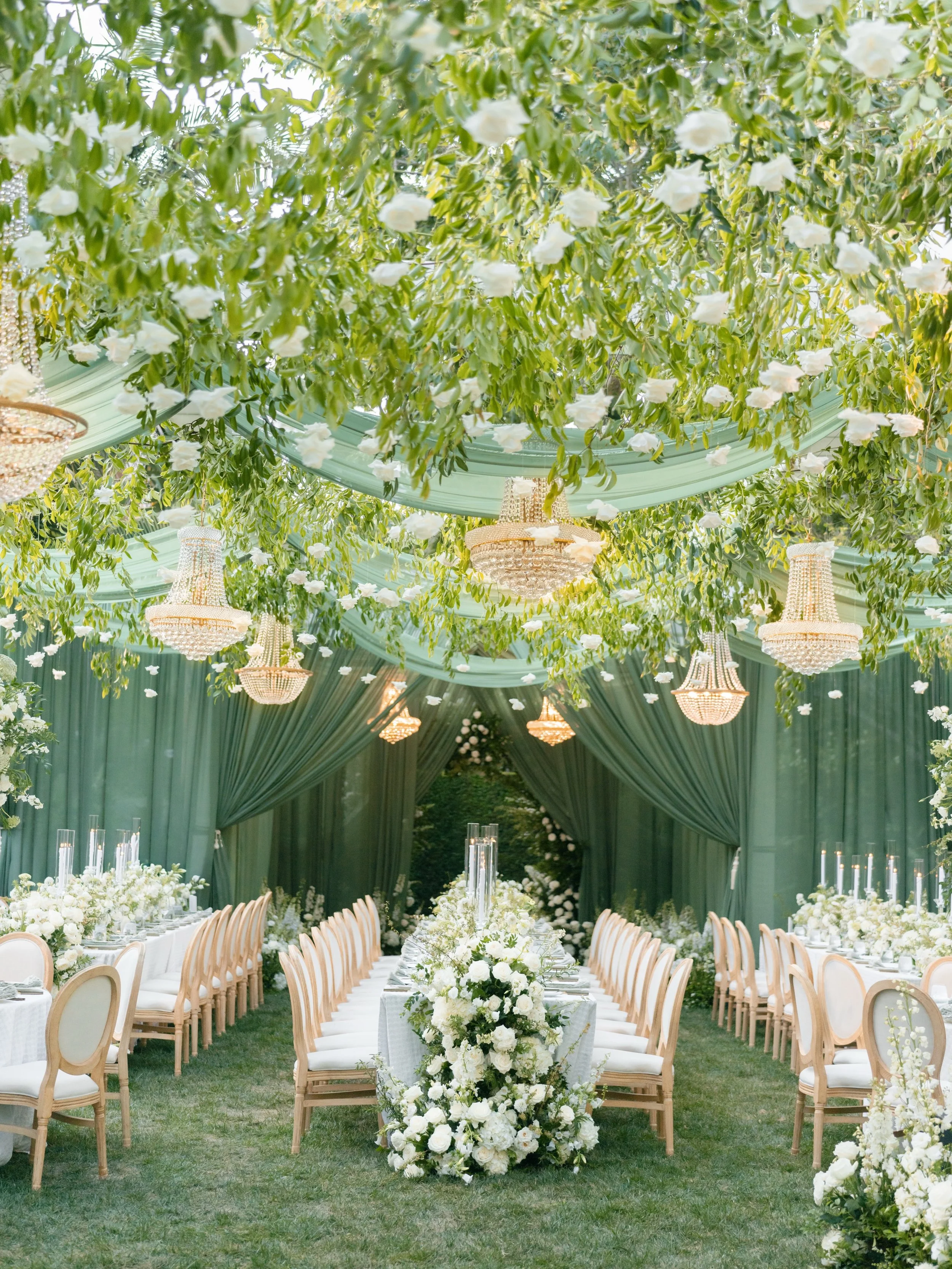 An enchanted garden dream 🍃🌿
Soft green draping, cascading blooms, and crystal chandeliers dancing beneath the trees. 
Lighting | Draping | Chandeliers | Structure #ambereventproduction
Planning @tessalynevents 
Photography @marlieshartmann 
Cinema