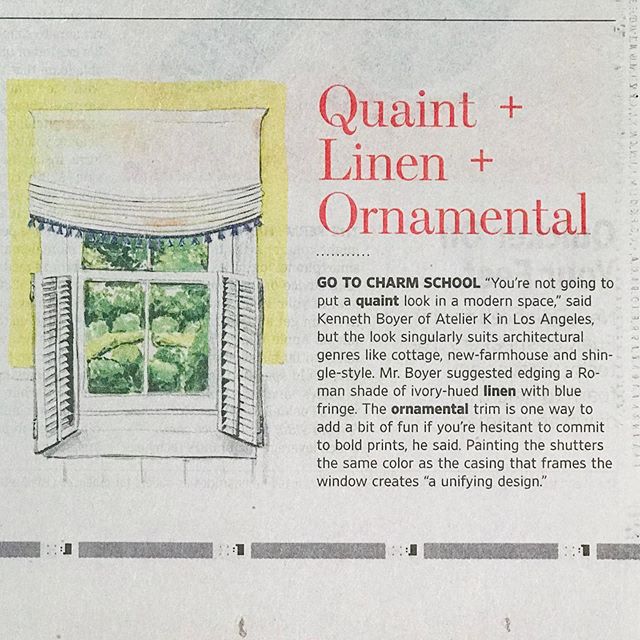 We are very excited to share that Atelier k is featured in this weekend's @wsj 'Off Duty' Design story titled, &quot;An A-Z Guide to the Gazillion Ways to Decorate Window.&quot;
.
.
.
.
#atelierkla #wsj #windowtreatments #interiordesigner #ladesigner