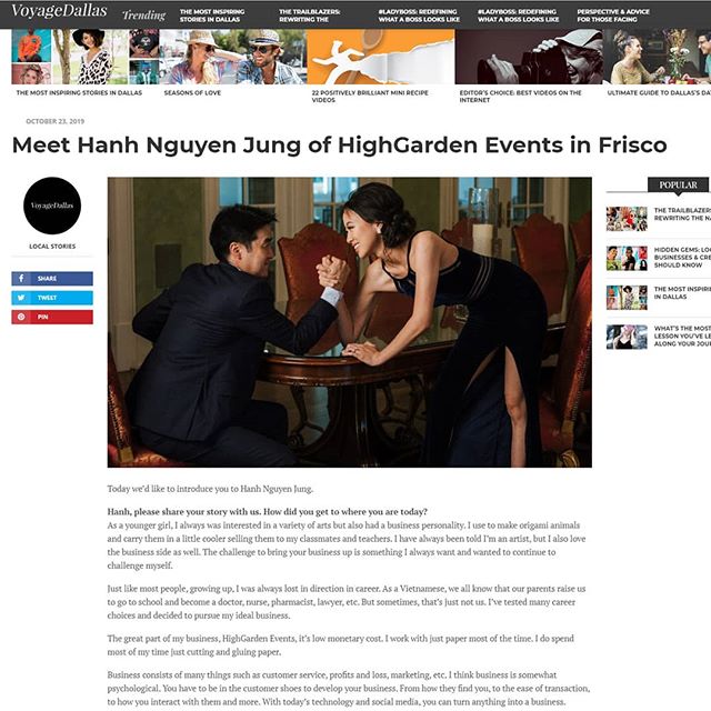 It's been a journey and you can learn more from the founder of HighGarden Events, Hanh Nguyen  on Voyage Dallas!
@voyagedallas
http://voyagedallas.com/interview/meet-hanh-nguyen-jung-highgarden-events-frisco/