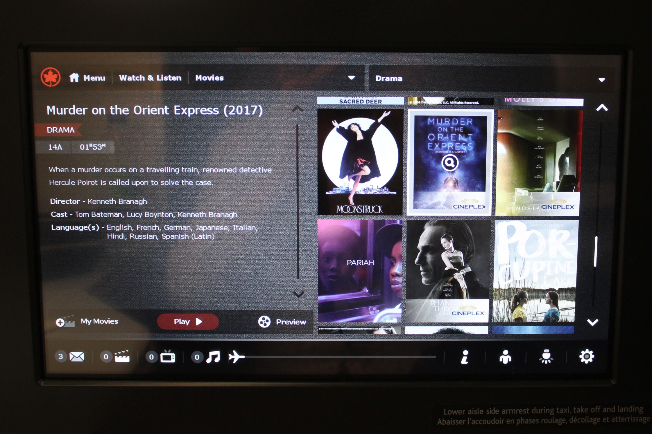 Air Canada business class – Movie selection