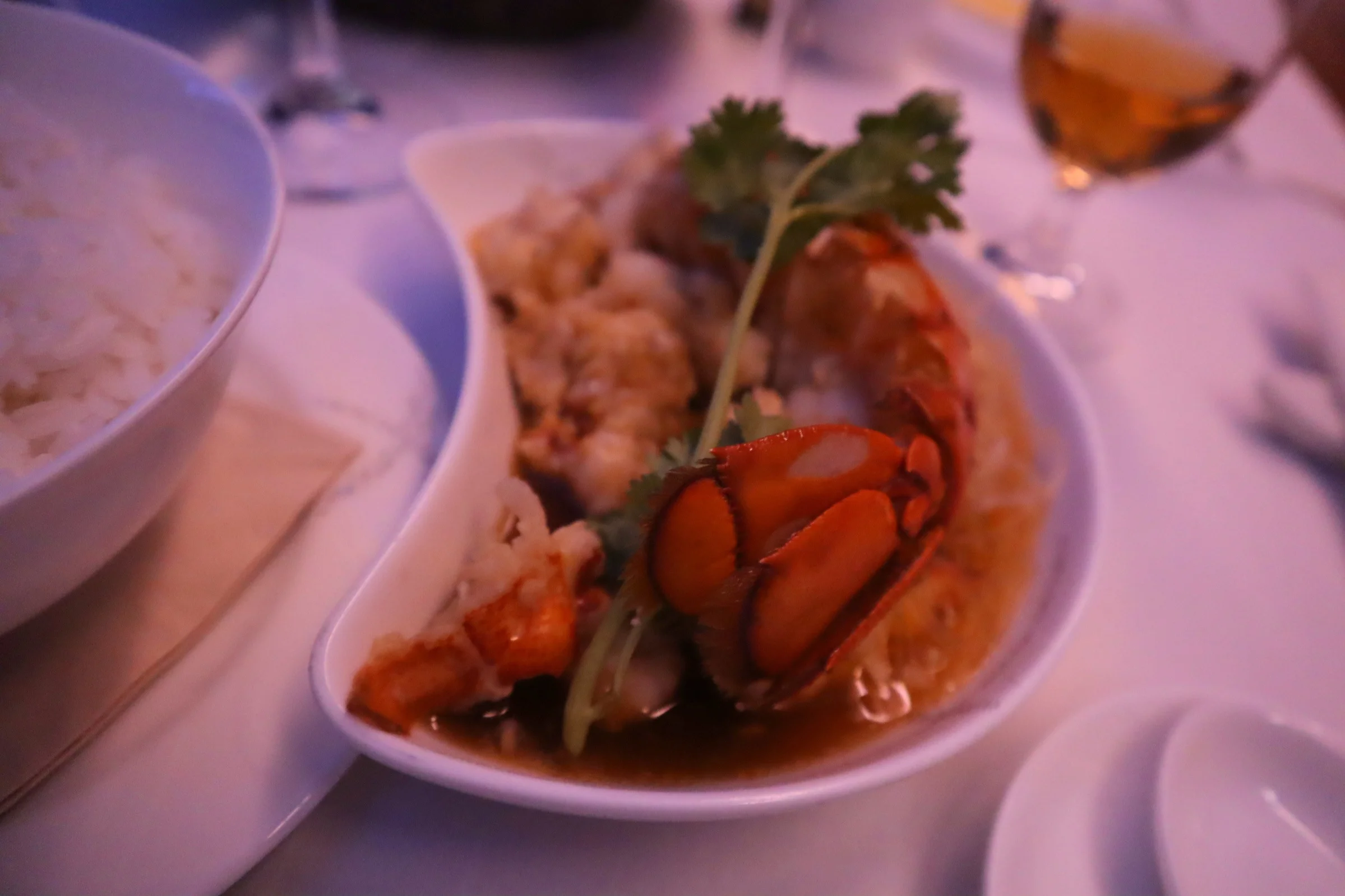 Cathay Pacific First Class – Stir-fried lobster with rice and gai lan