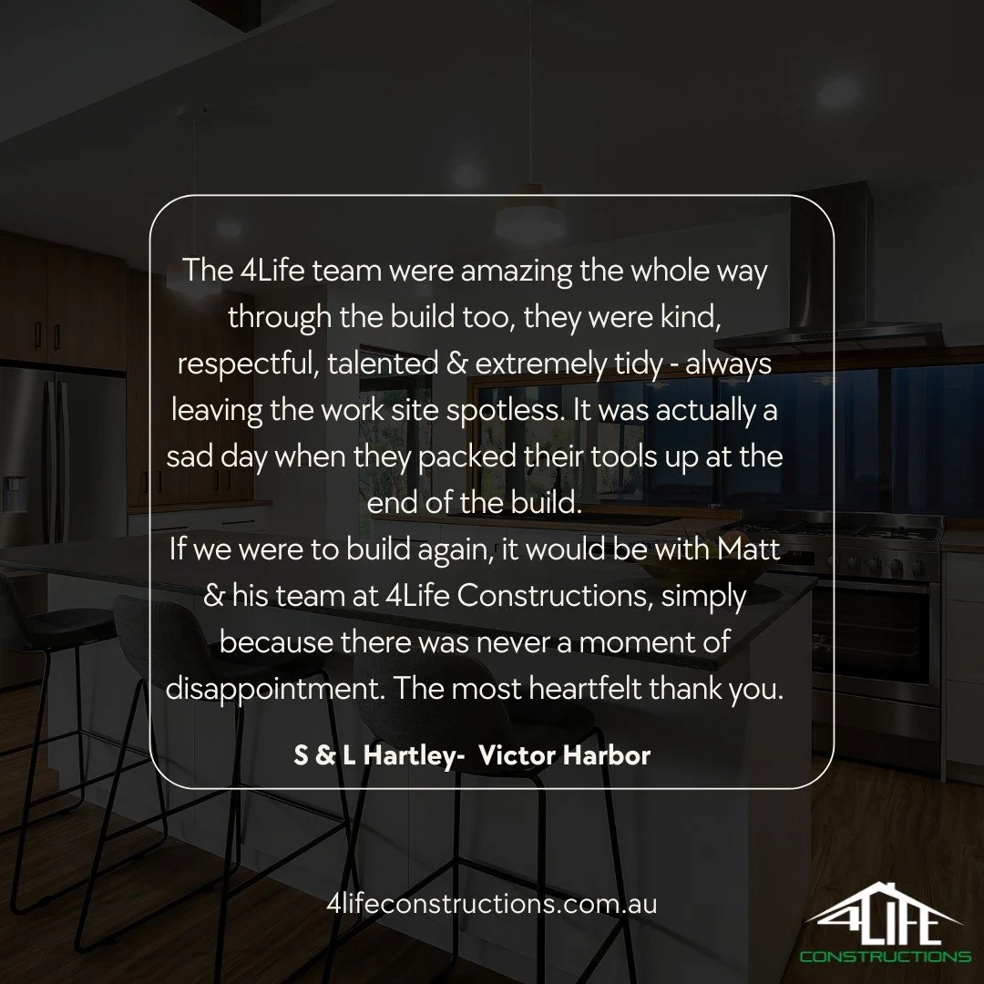 / Testimonial / 
We love hearing feedback like this!  A huge thank you to our wonderful clients for trusting 4Life Constructions to bring their dream home to life.
If you’d like to hear more from our clients, head over to our website to read