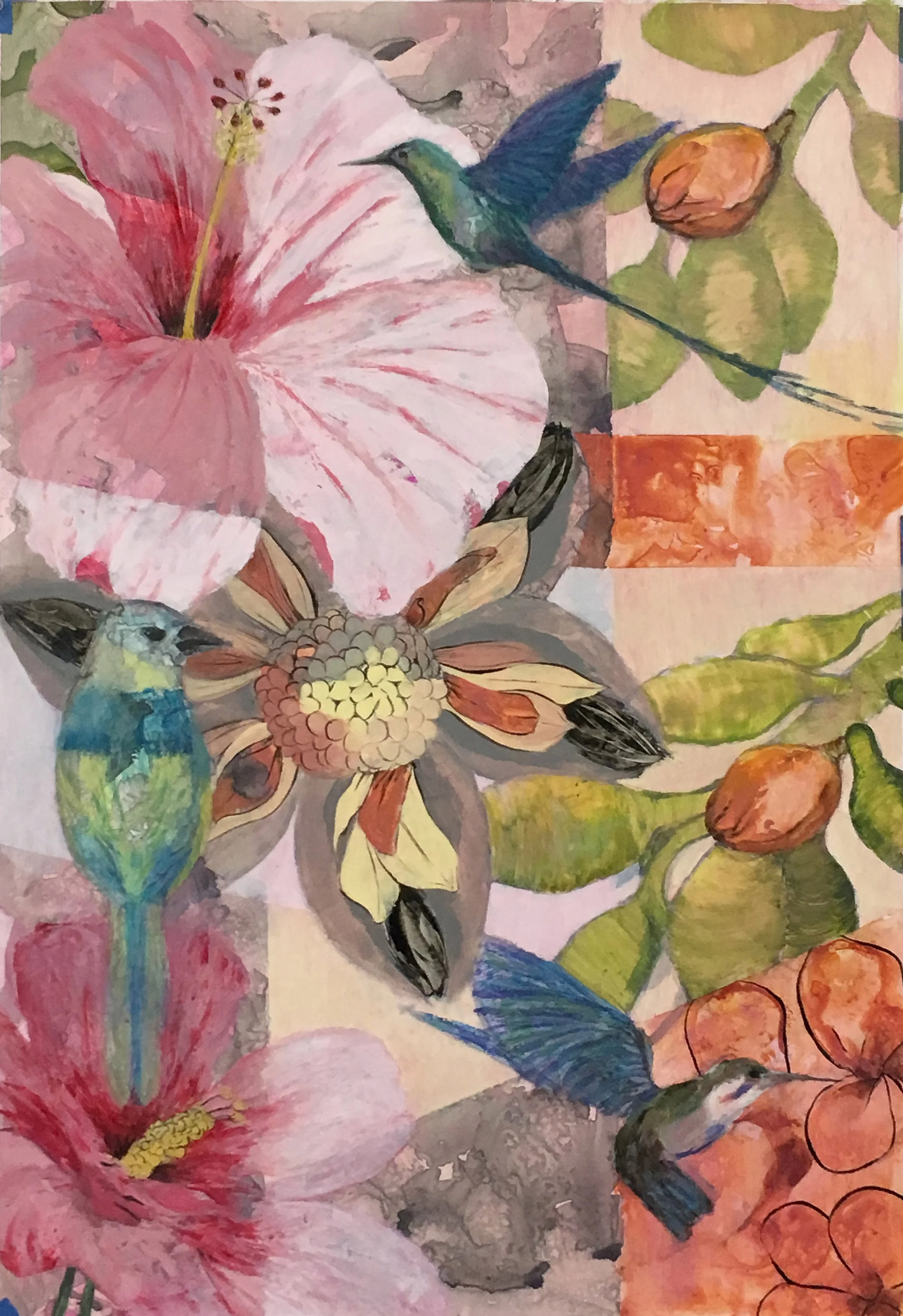 Hibiscus & Hummers, $2800 Ink, Watercolor, Oil on Yupo 40″ x 26″ Image Framed