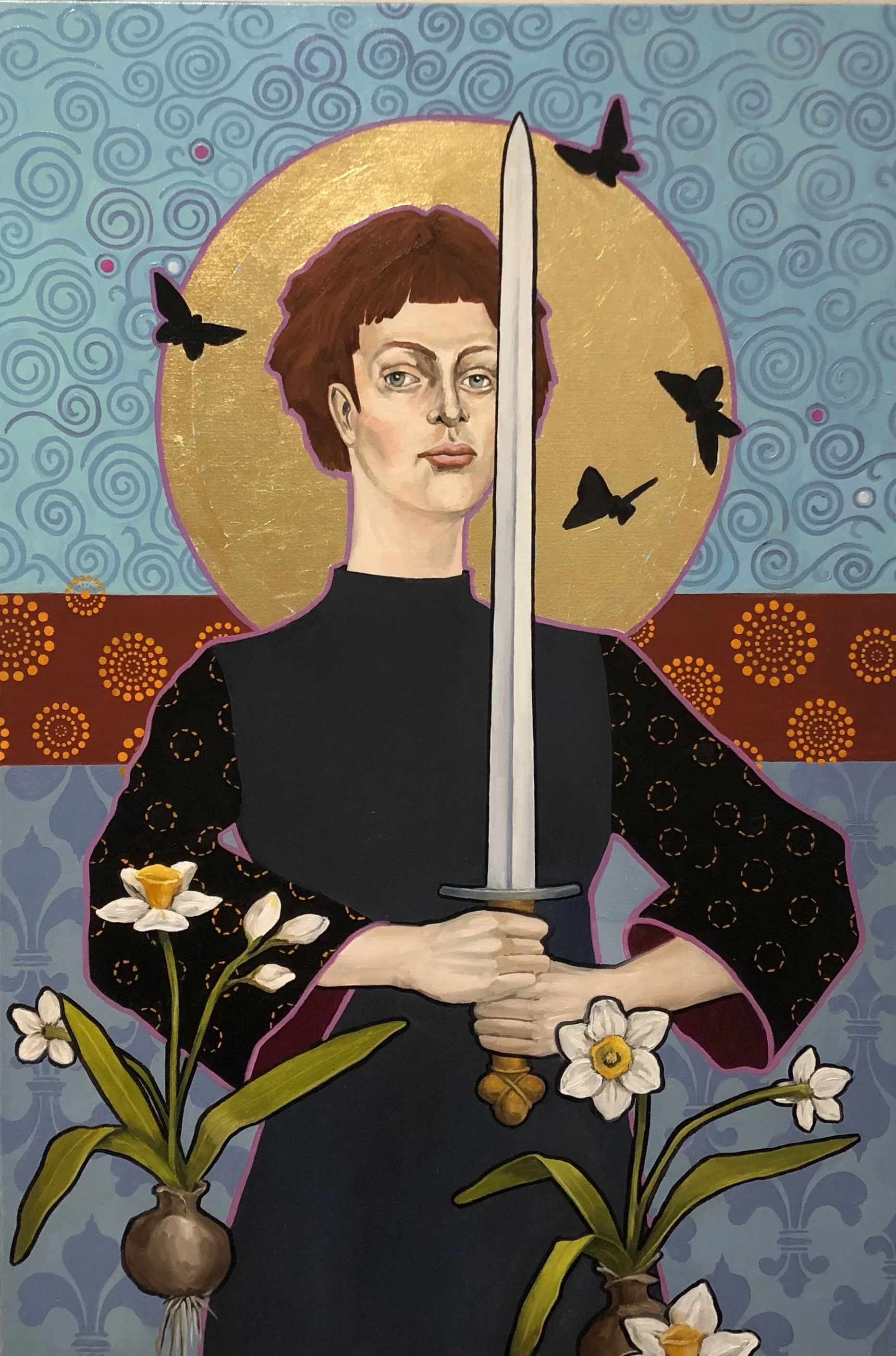 Joan With Narcissus  33" x 22" oil and gold metal leaf on canvas