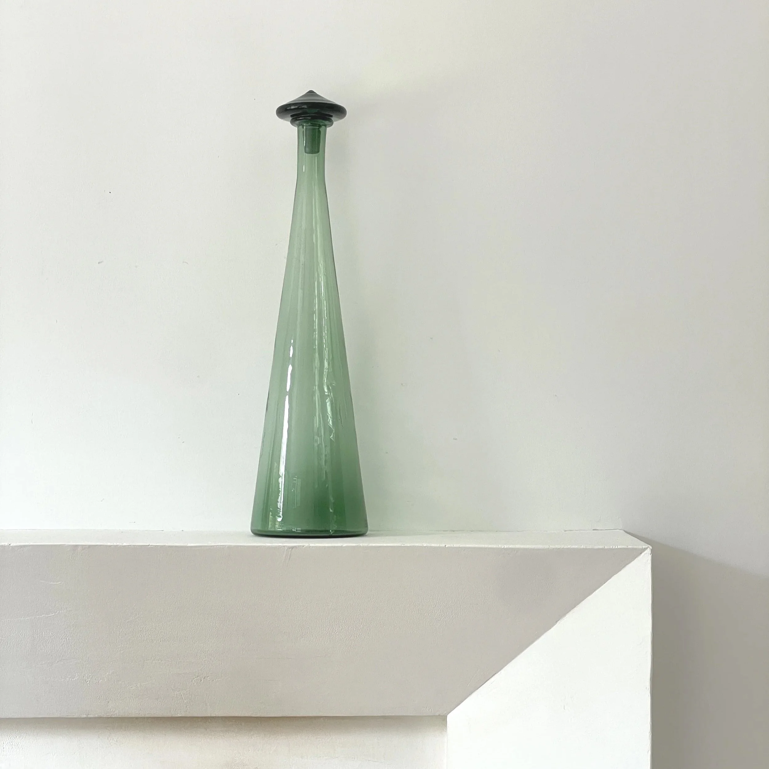 MATERI(A)NTIQUES TALL GREEN BLOWN GLASS DECANTER AND STOPPER