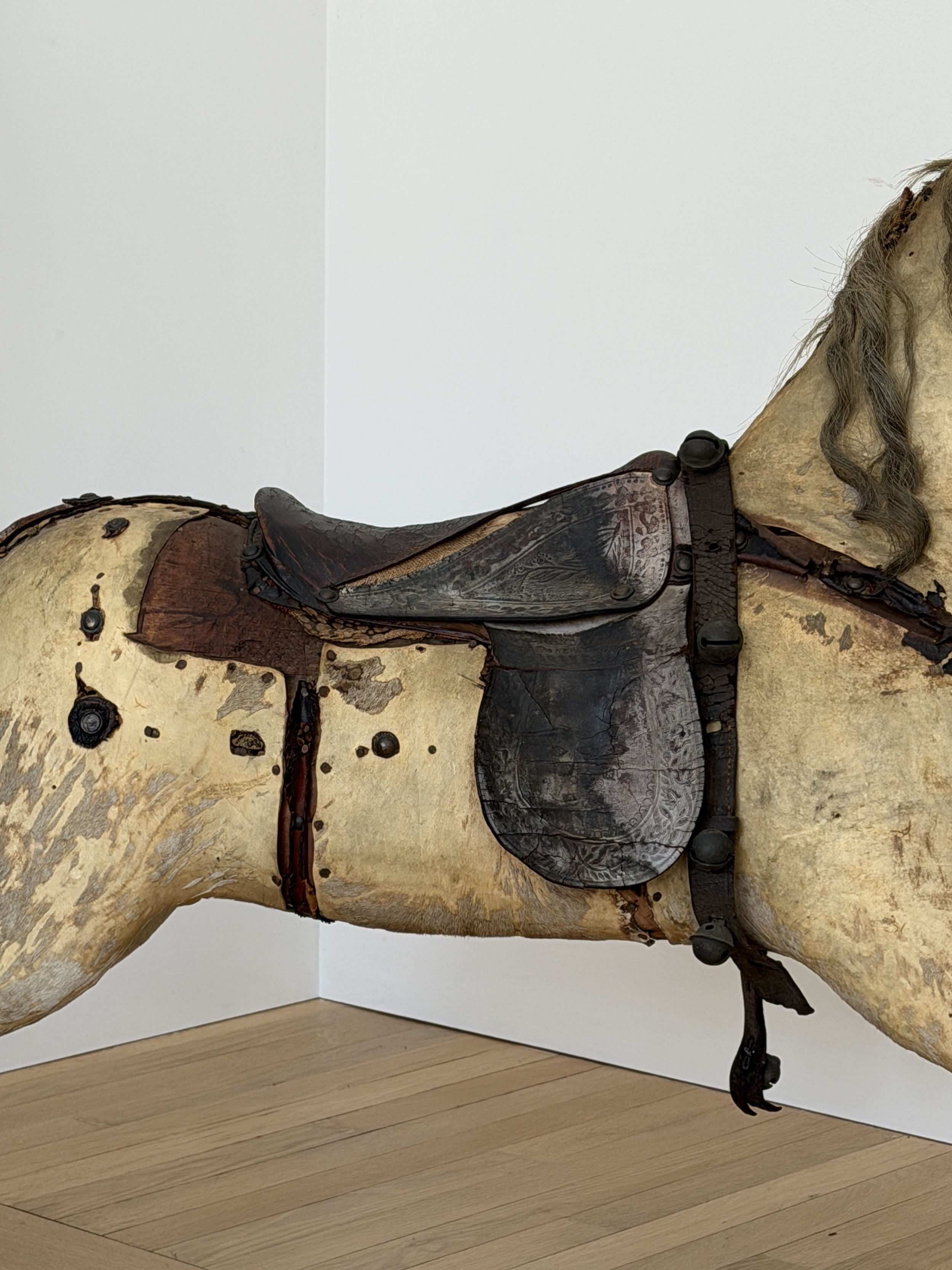 MATERI(A)NTIQUES EXTRA LARGE STITCHED LEATHER, HAIR AND WOOD TOY HORSE.14.jpg