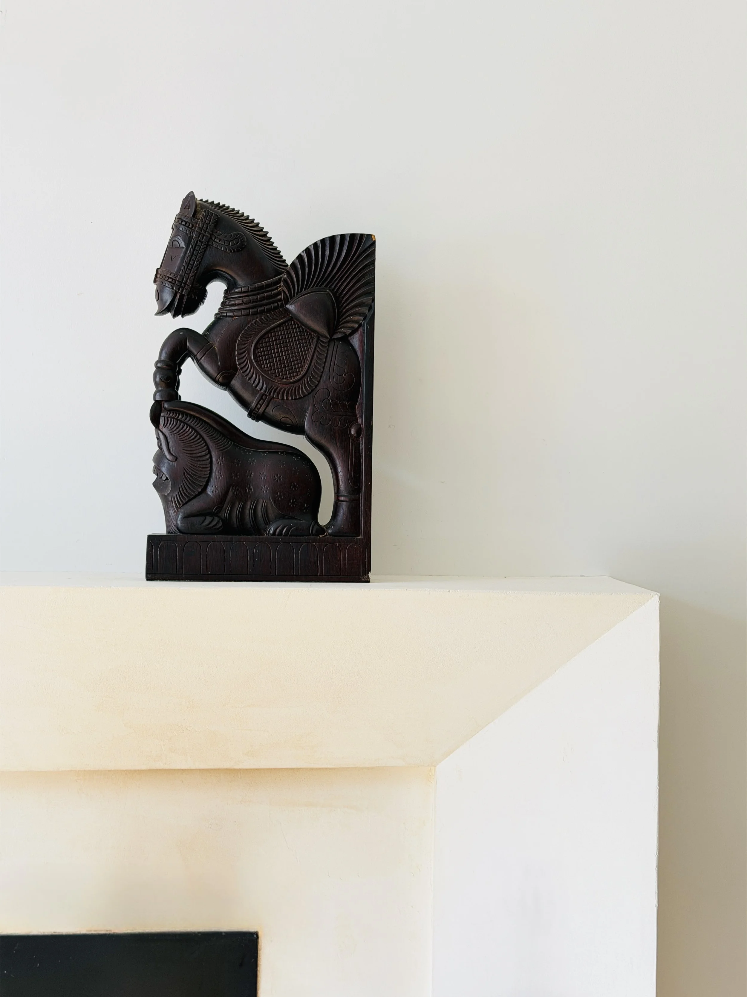 MATERI(A)NTIQUES LARGE PAKISTANI WOODEN CARVING OF A HORSE AND LION 447-A