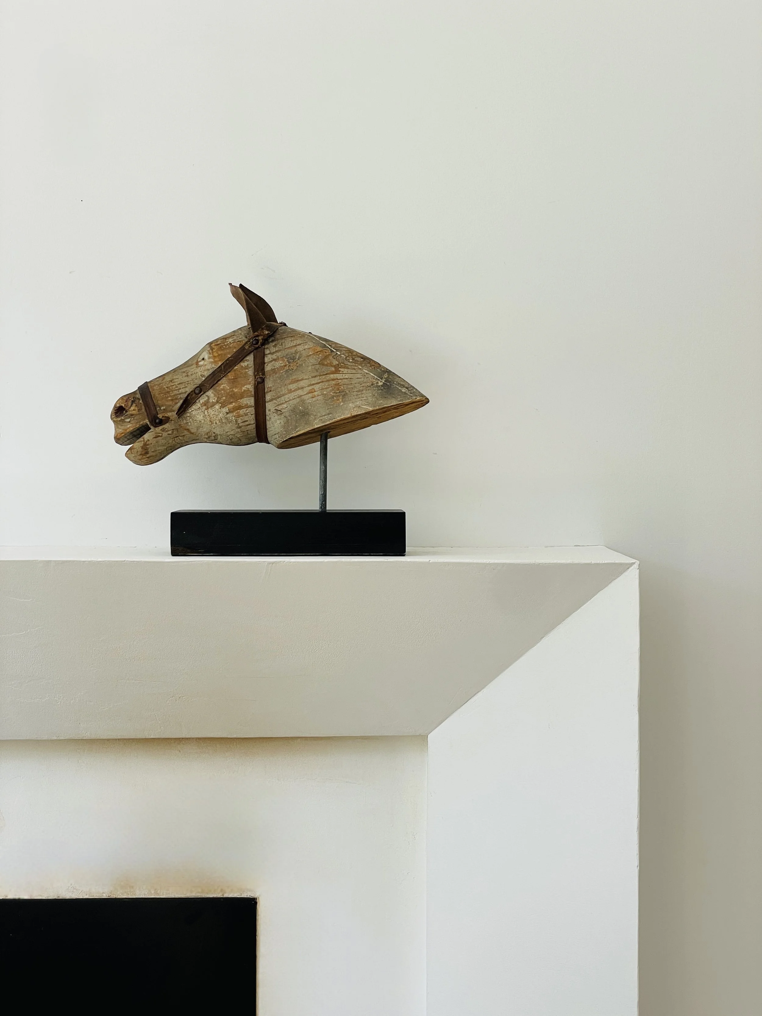 MATERI(A)NTIQUES WOODEN HORSE HEAD WITH LEATHER EARS AND FABRIC BRIDLE.jpg