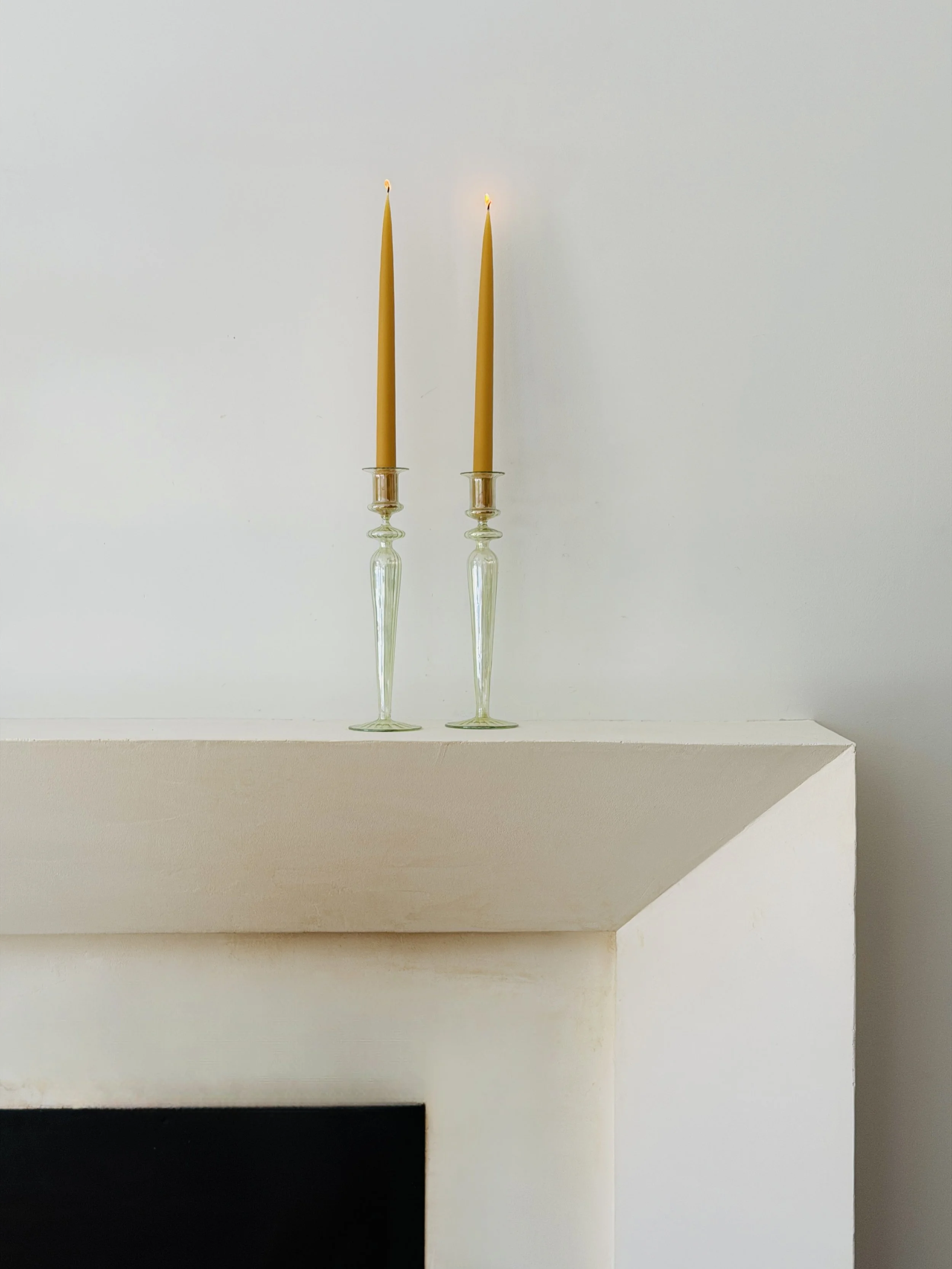 MATERI(A)NTIQUES BLOWN GLASS IRIDESCENT PALE GREEN CANDLESTICKS.3.jpg