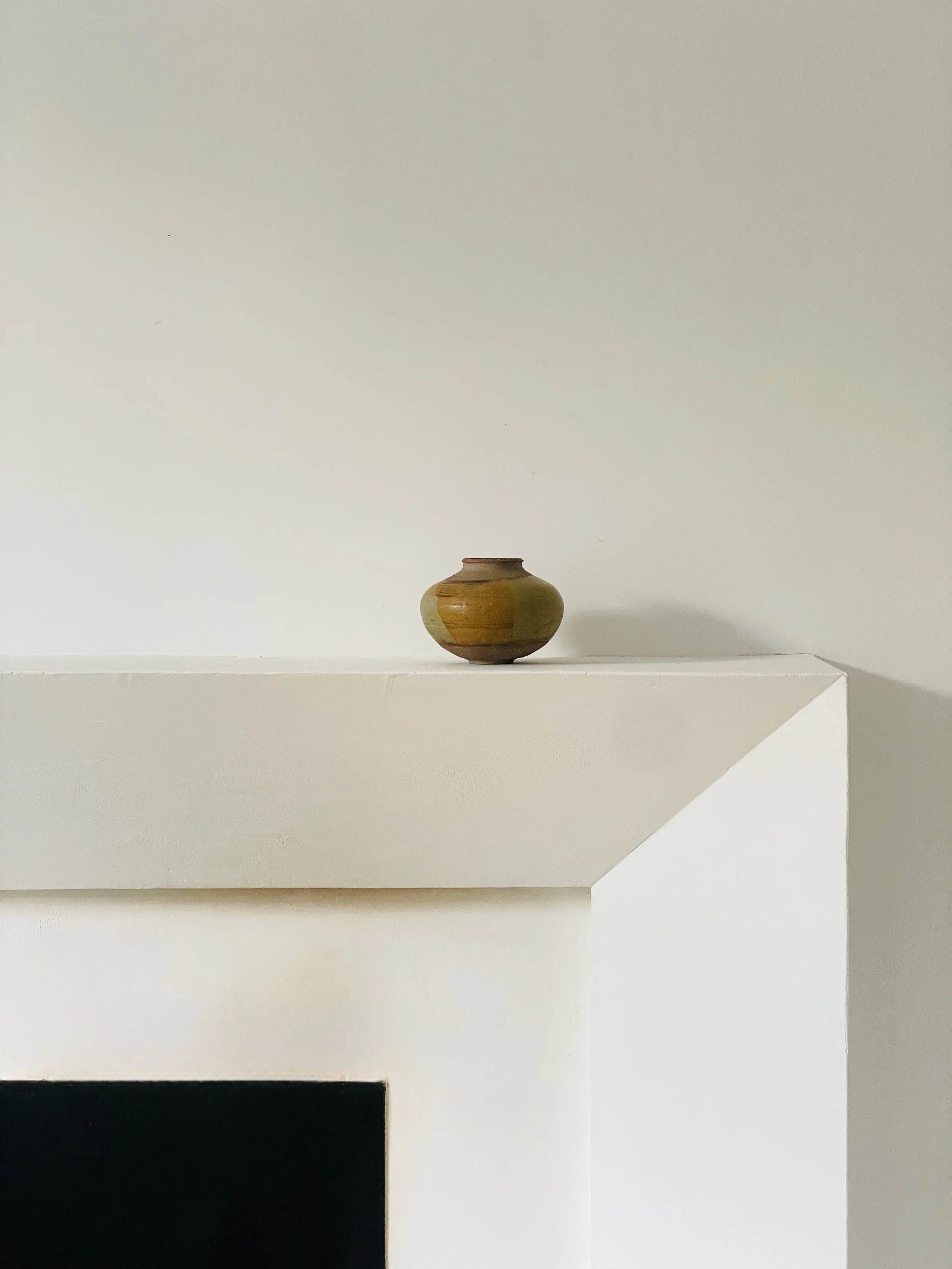 MATERI(A)NTIQUES SMALL OVAL OCHRE AND GREEN STUDIO POTTERY VASE.jpg