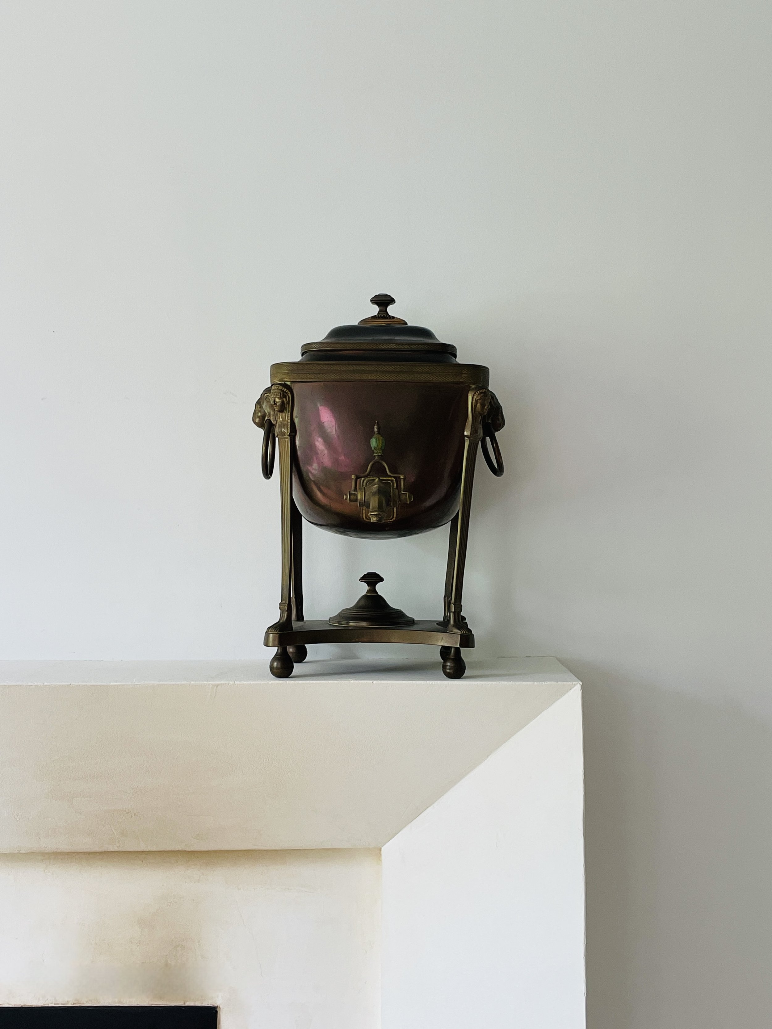 MATERI(A)NTIQUES LARGE BRASS BRAZIER WITH LIONHEADS AND STAND.jpg