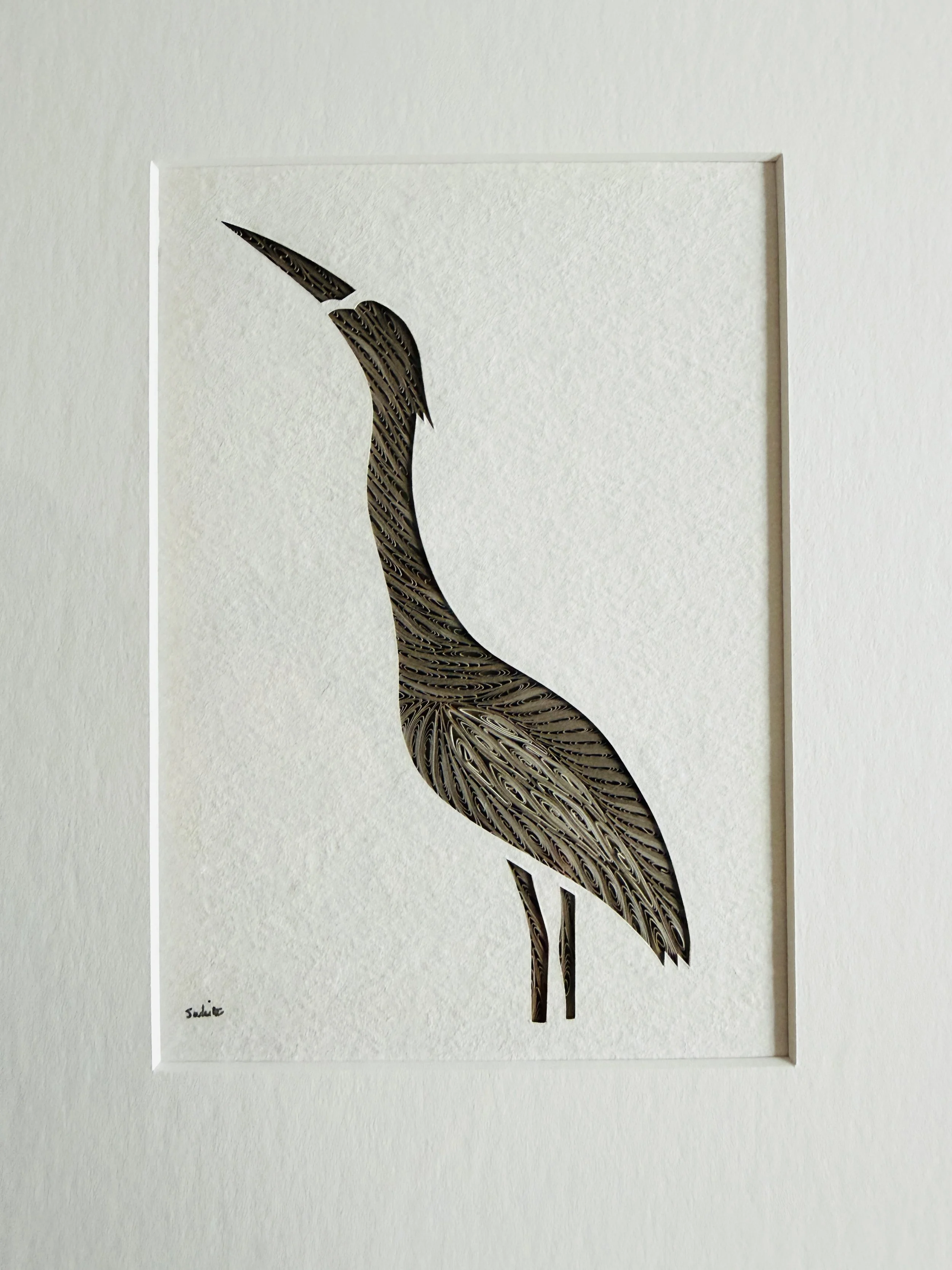 MATERI(A)NTIQUES SMALL QUILLWORK HERON WITH NEW MAT, FRAME AND GLASS 057-A(3).jpg