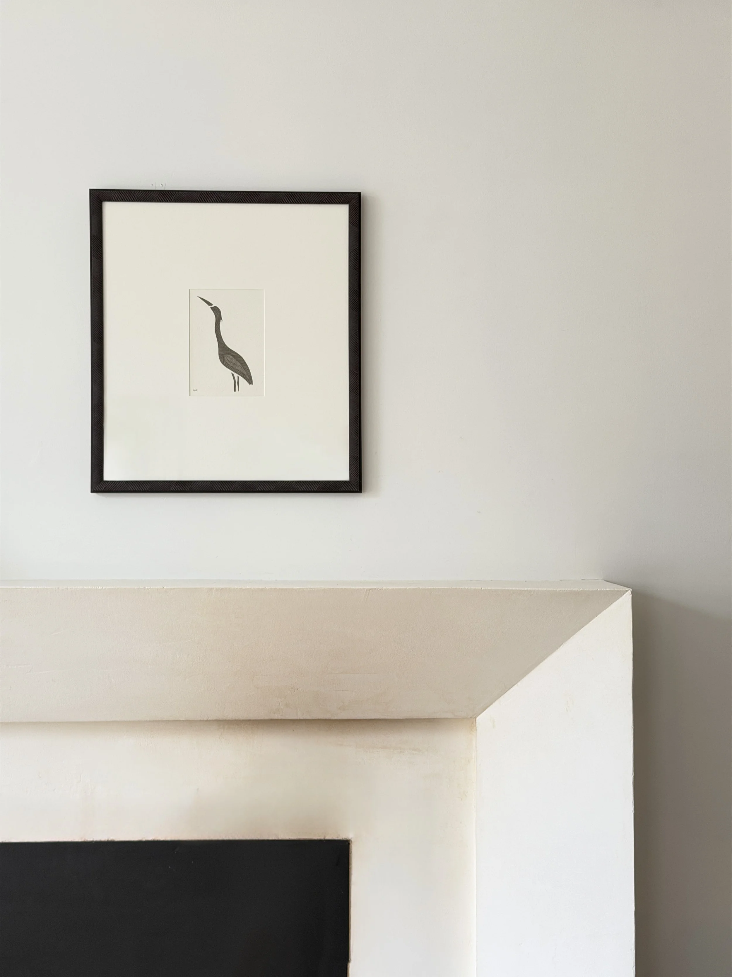 MATERI(A)NTIQUES SMALL QUILLWORK HERON WITH NEW MAT, FRAME AND GLASS 057-A