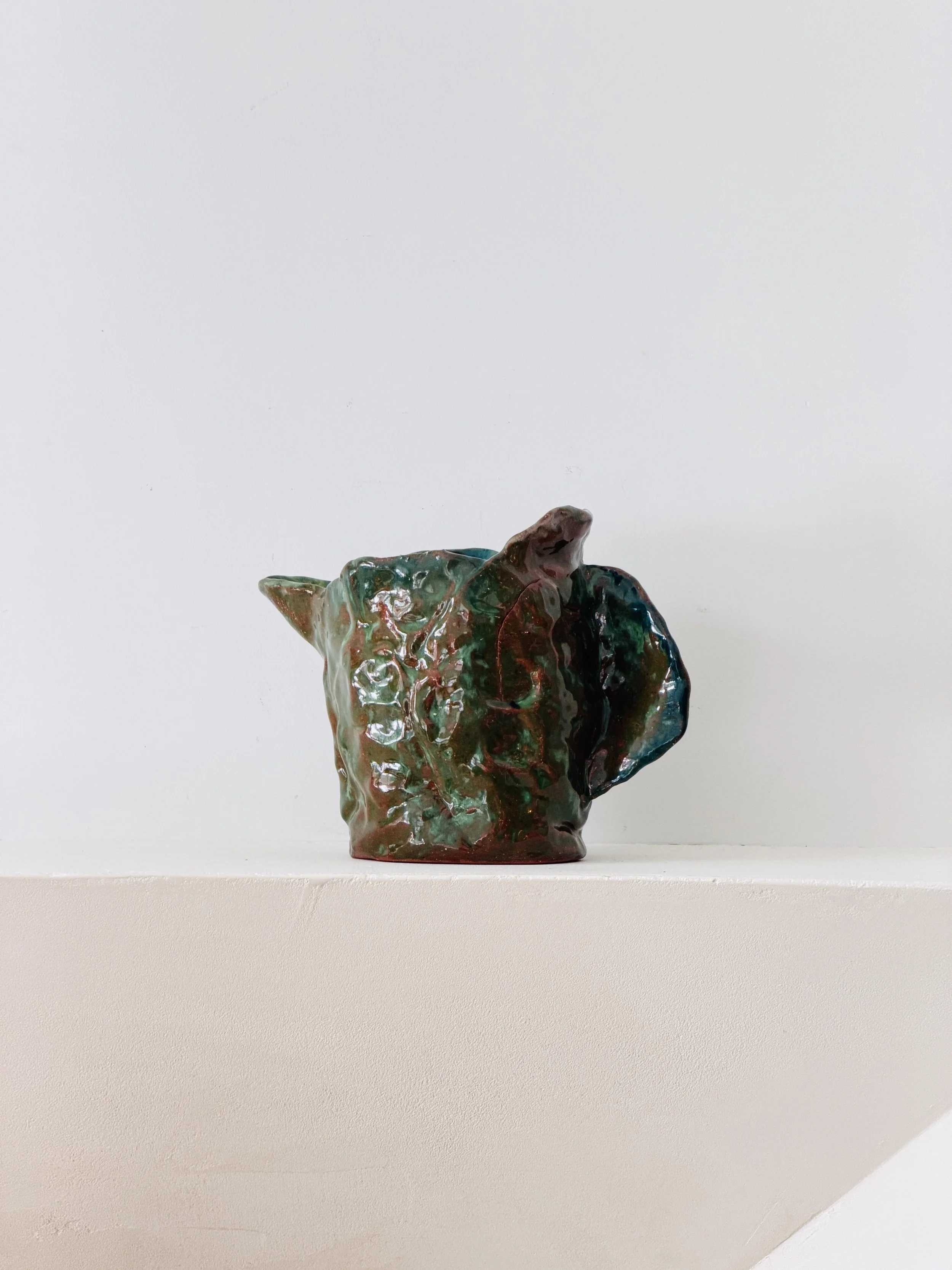 MATERI(A)NTIQUES MEDIUM DARK GREEN WITH RUST ACCENTS CABBAGE MOTIF STUDIO POTTERY PITCHER(6).jpg