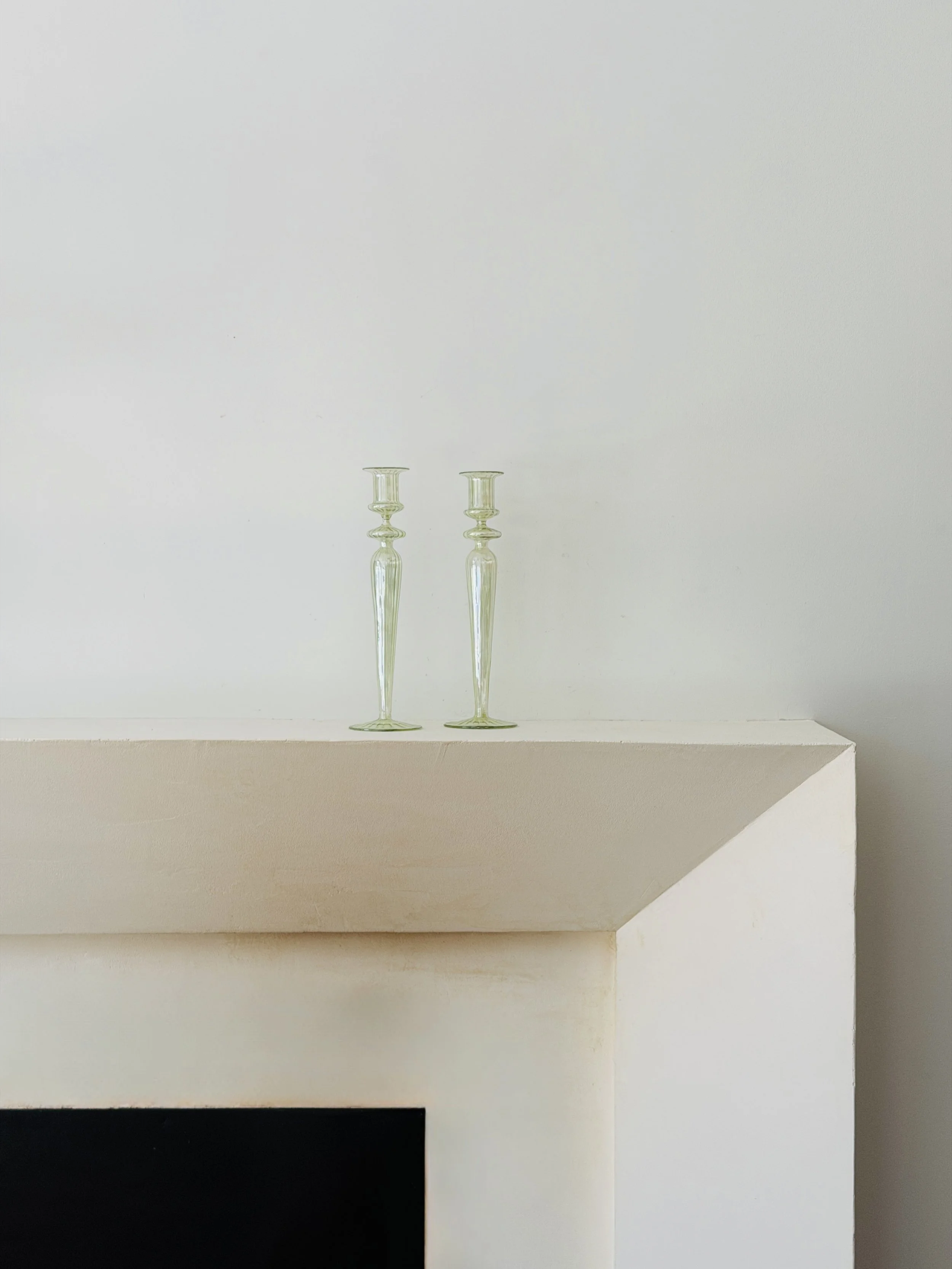 MATERI(A)NTIQUES BLOWN GLASS IRIDESCENT PALE GREEN CANDLESTICKS.jpg