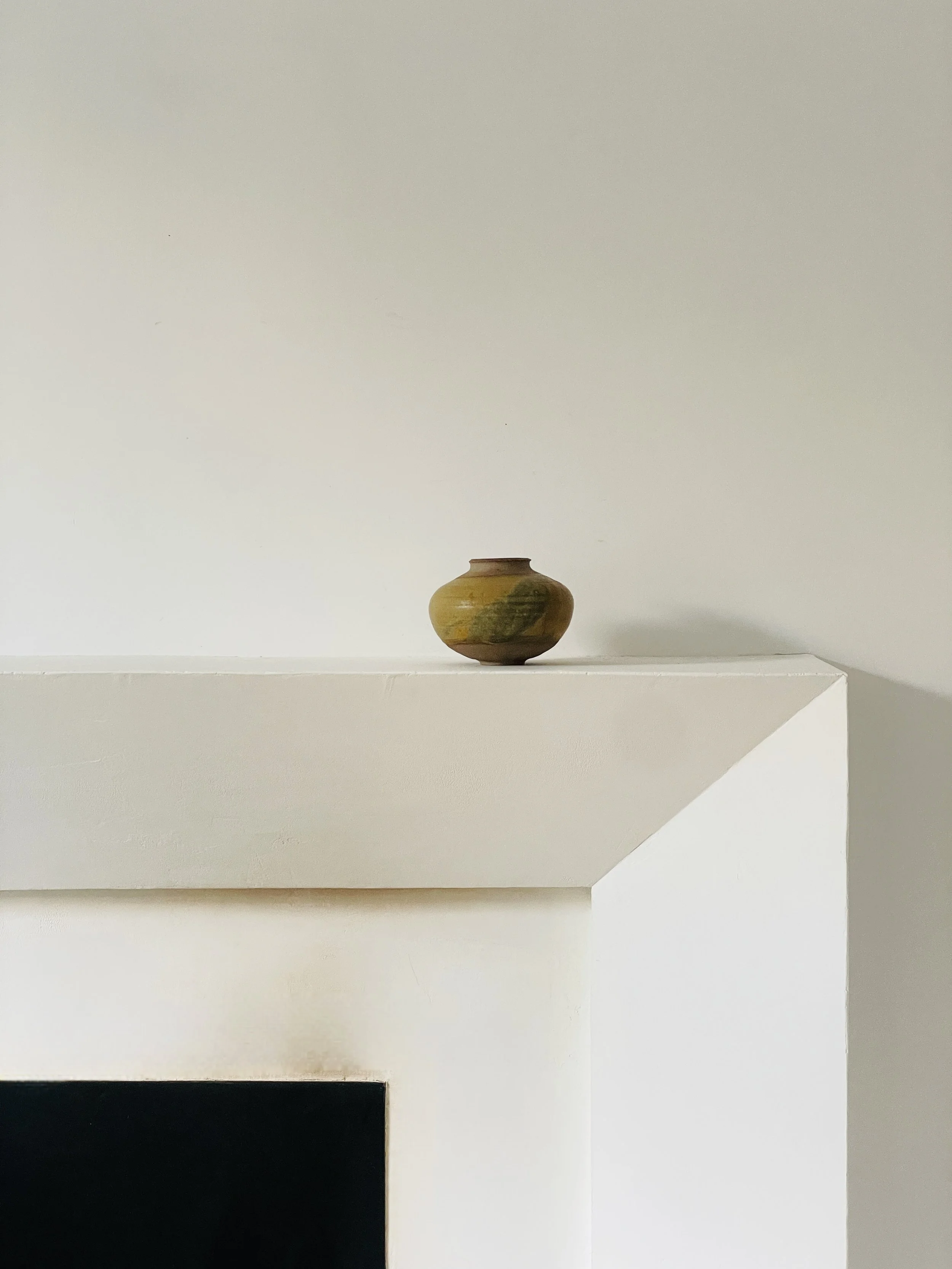 MATERI(A)NTIQUES SMALL OVAL OCHRE AND GREEN STUDIO POTTERY VASE(2).jpg