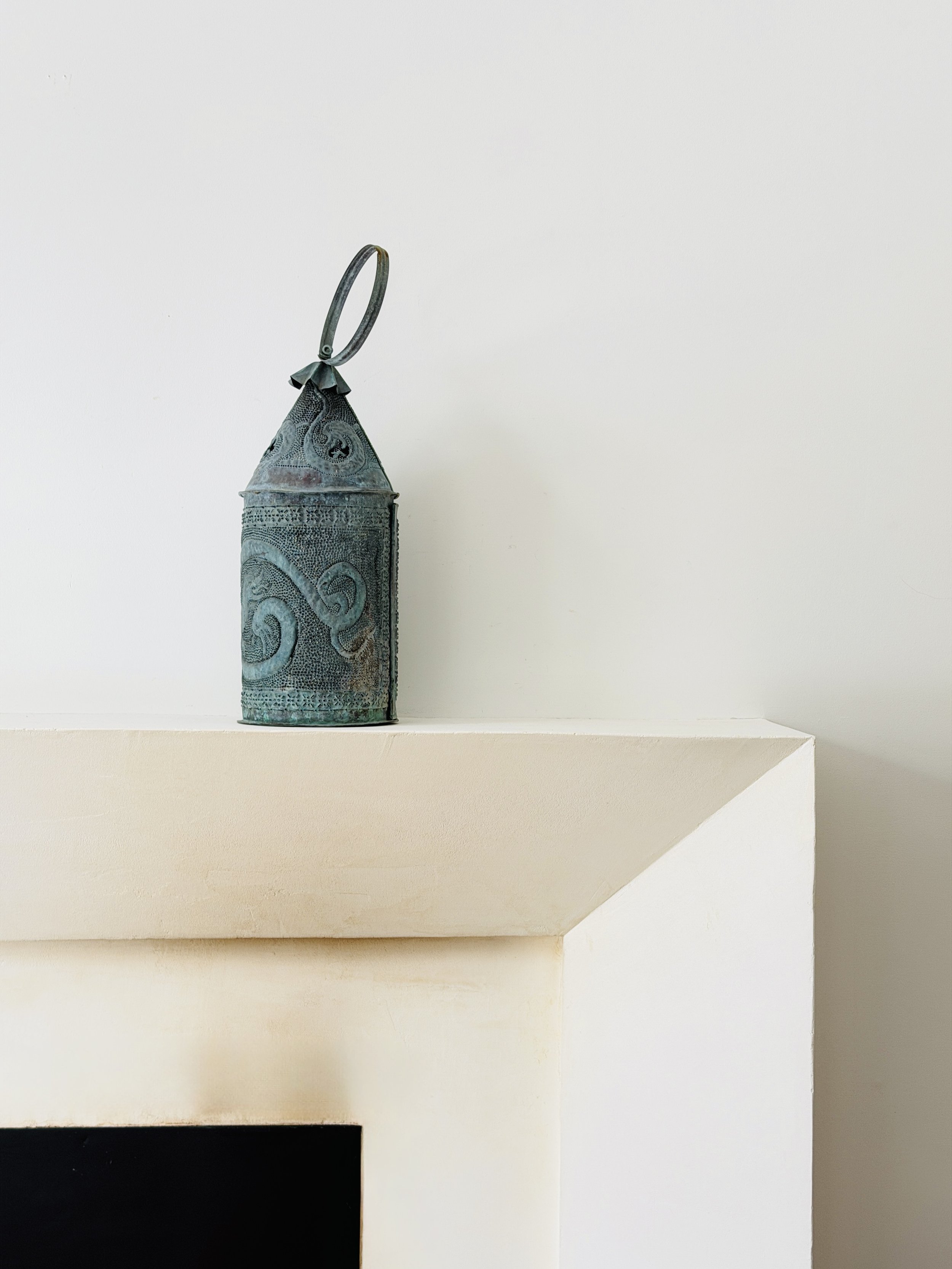 MATERI(A)NTIQUES LARGE HAND POKED COPPER HANGING LANTERN WITH DRAGON : MYTHICAL CREATURE MOTIF(7).jpg