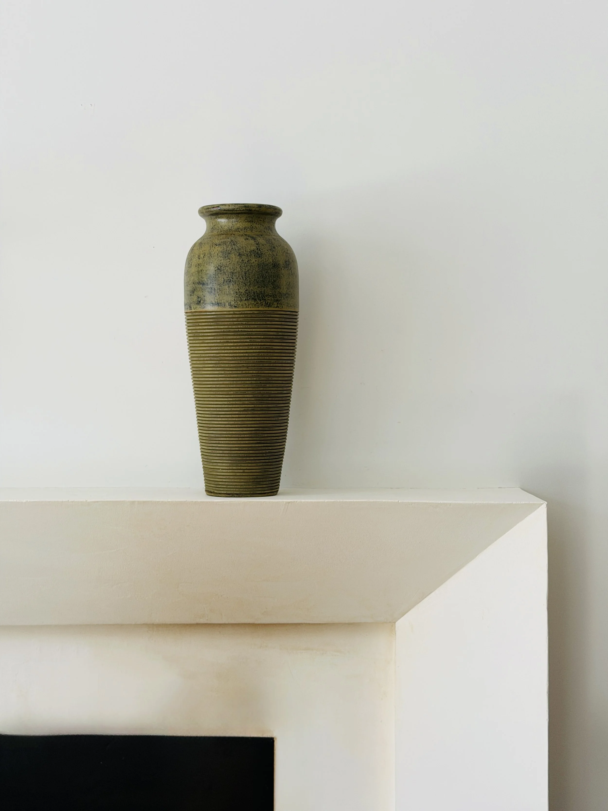 MATERI(A)NTIQUES TALL OLIVE RIBBED CERAMIC VASE.3.jpg