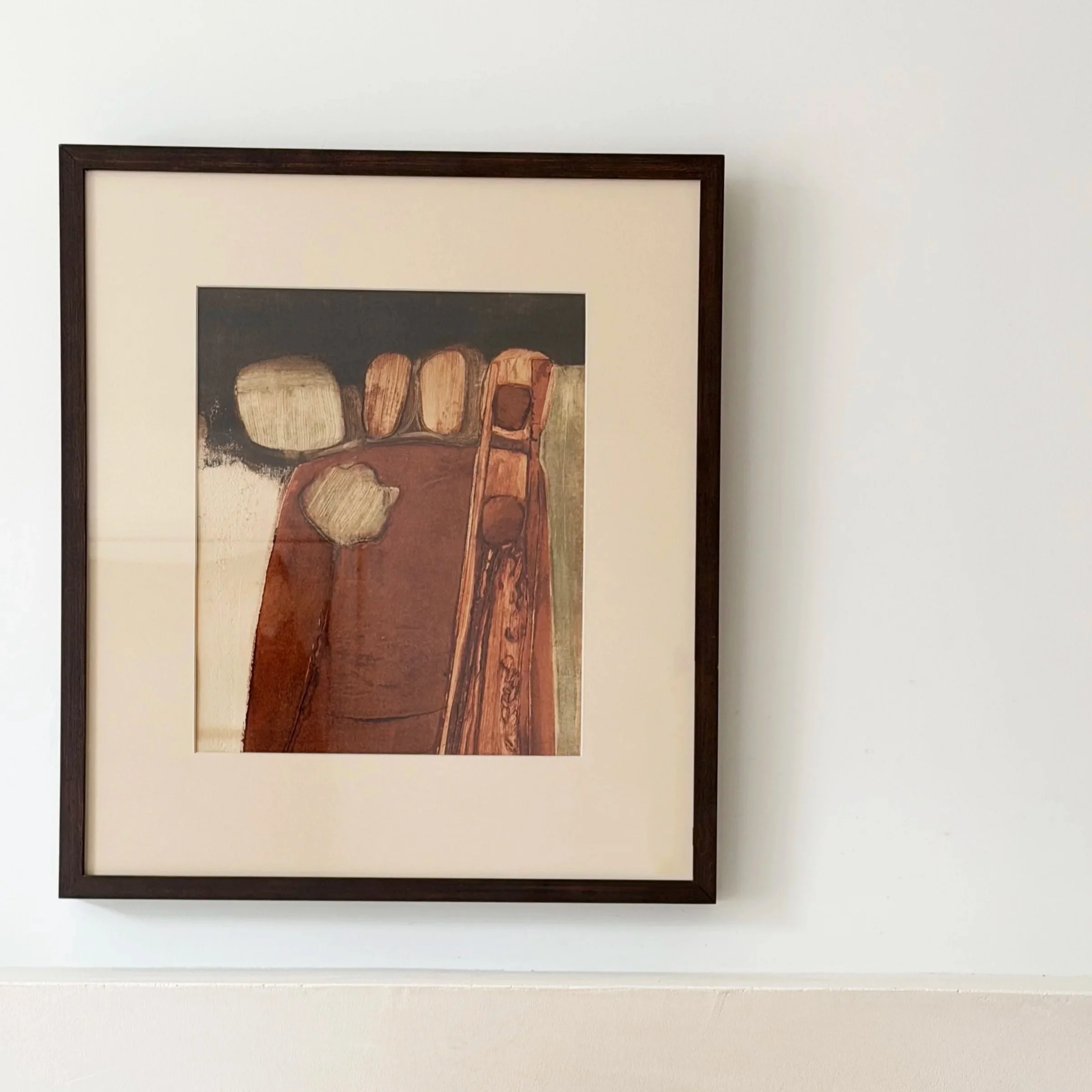 MATERI(A)NTIQUES RUST, BEIGE AND BLACK MID CENTURY PRINT WITH NEW MAT, FRAME AND GLASS 408-A