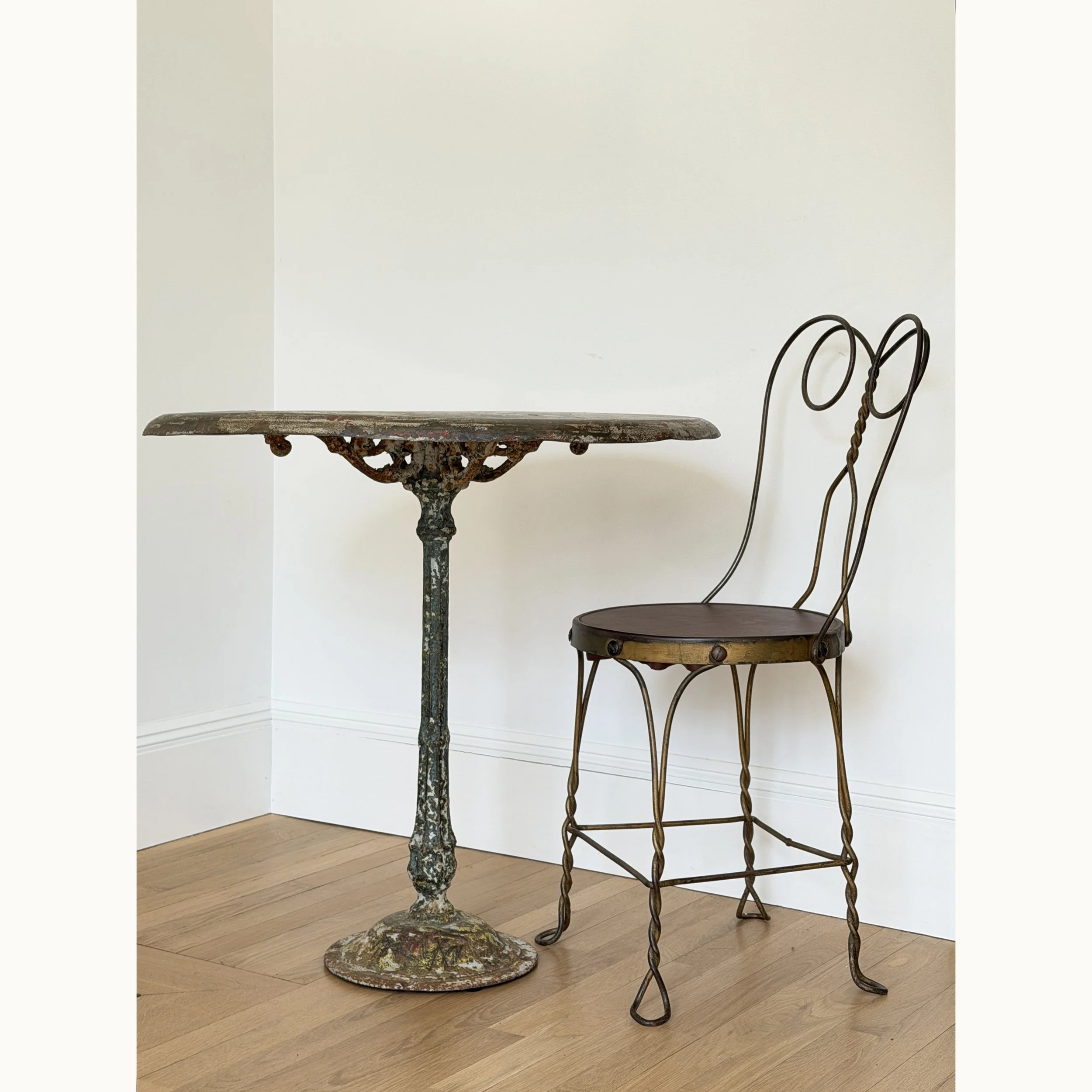 MATERI(A)NTIQUES FORMED IRON OCCASSIONAL SIDE CHAIR WITH PAINTED DARK RED SEAT AND TWISTED BACK DETAIL 426-A