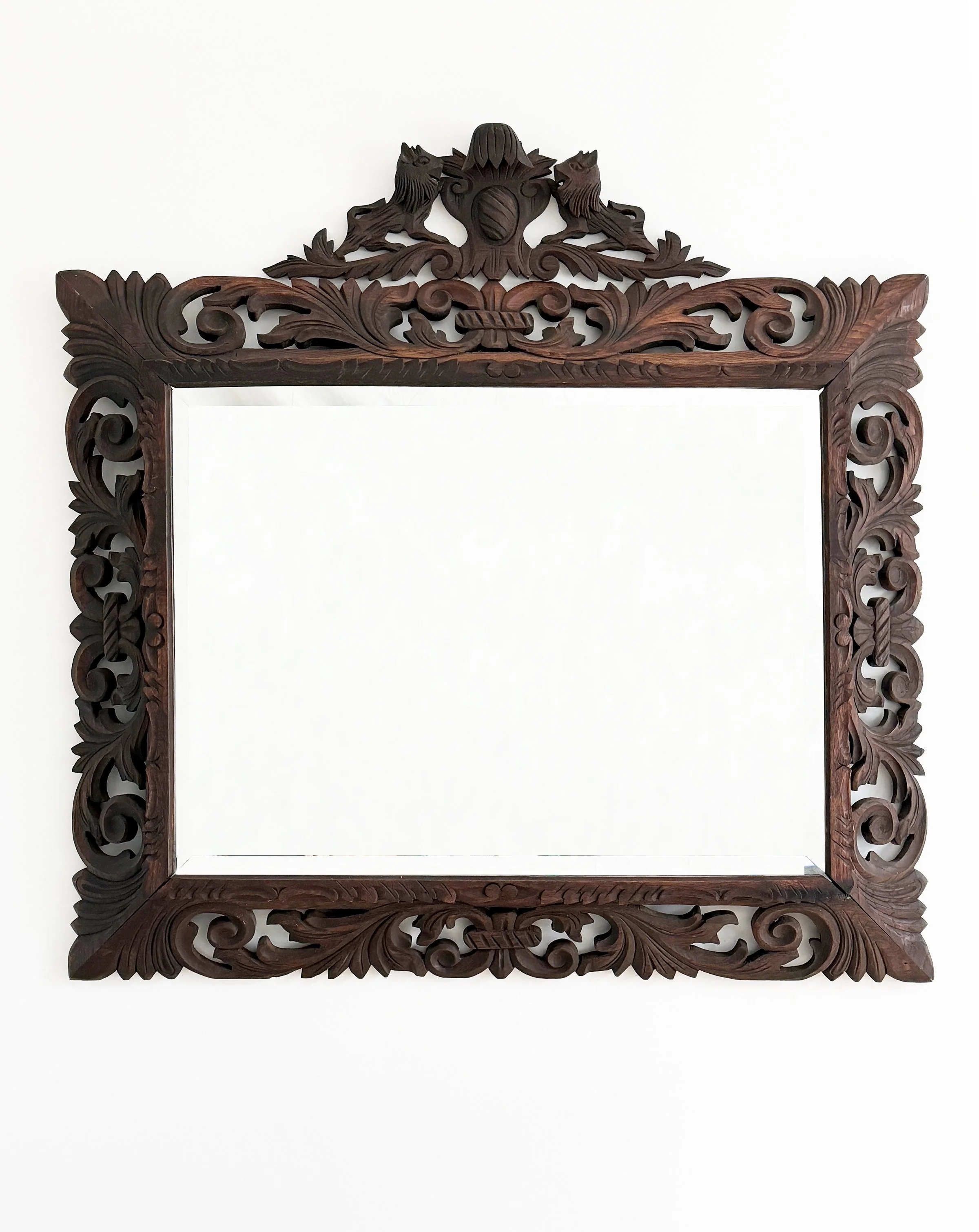 MATERI(A)NTIQUES LARGE CARVED WOODEN MIRROR WITH LION, SCROLL AND LEAF MOTIF.jpg