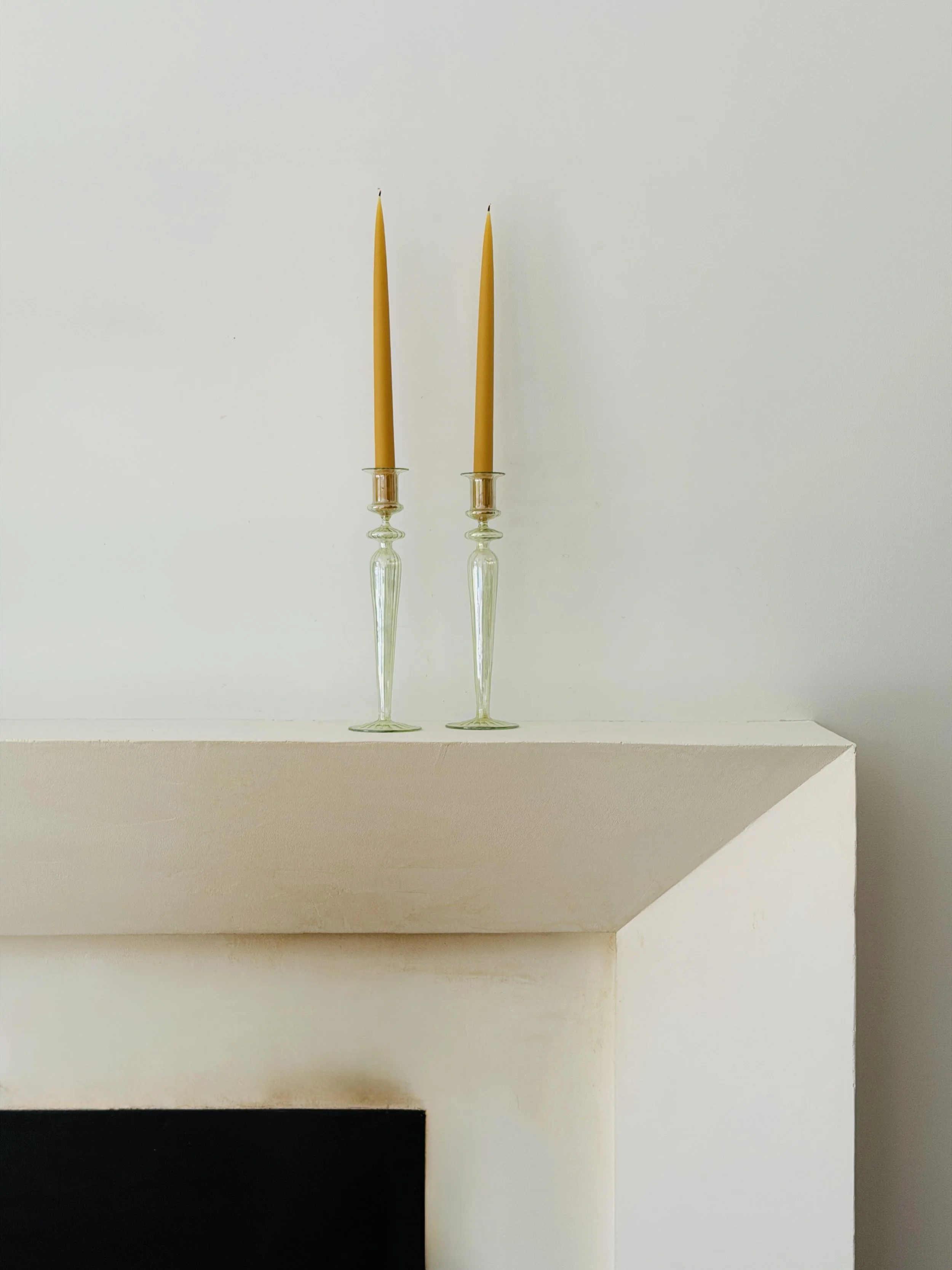 MATERI(A)NTIQUES BLOWN GLASS IRIDESCENT PALE GREEN CANDLESTICKS.4.jpg