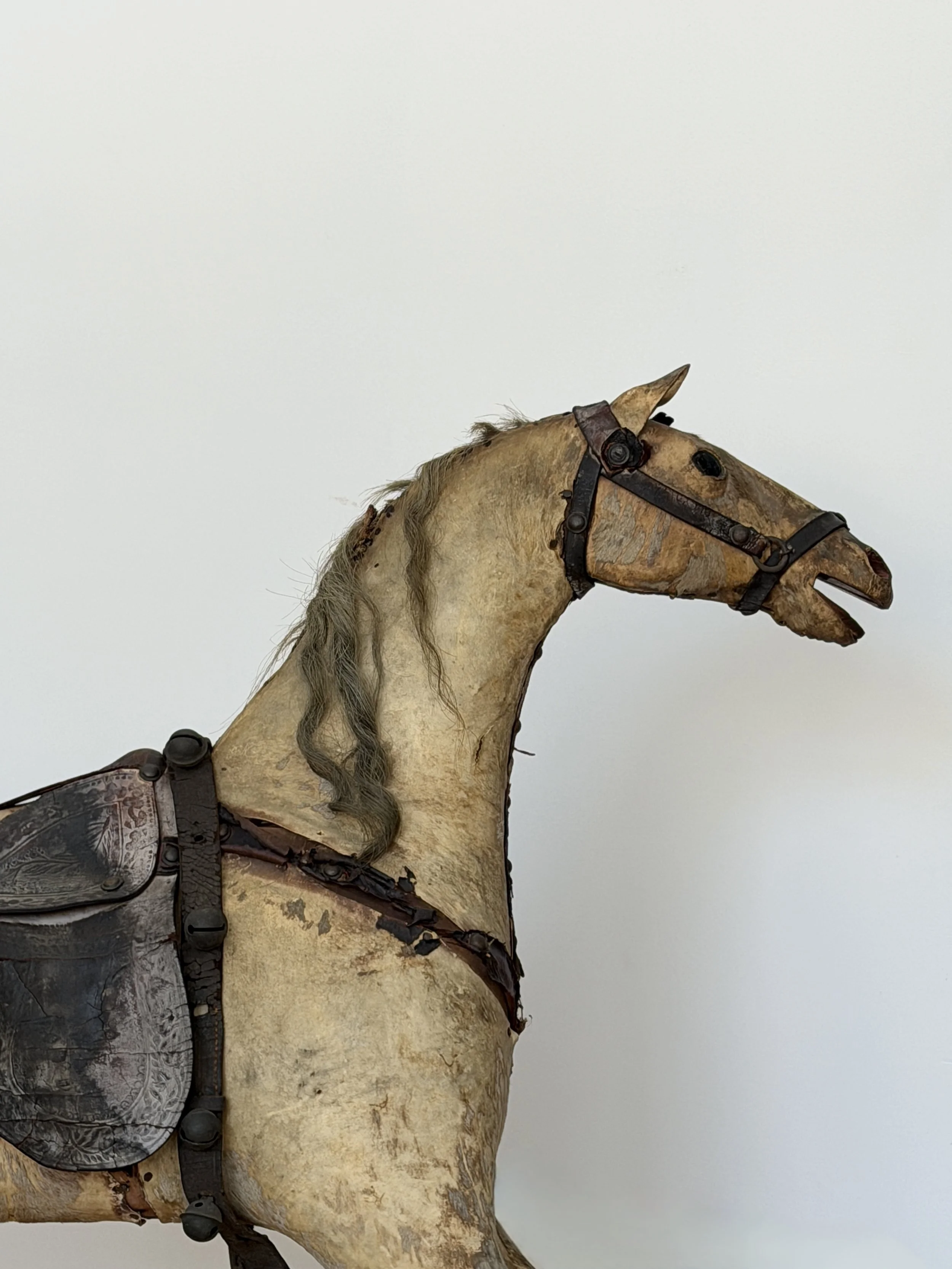 MATERI(A)NTIQUES EXTRA LARGE STITCHED LEATHER, HAIR AND WOOD TOY HORSE.16.jpg