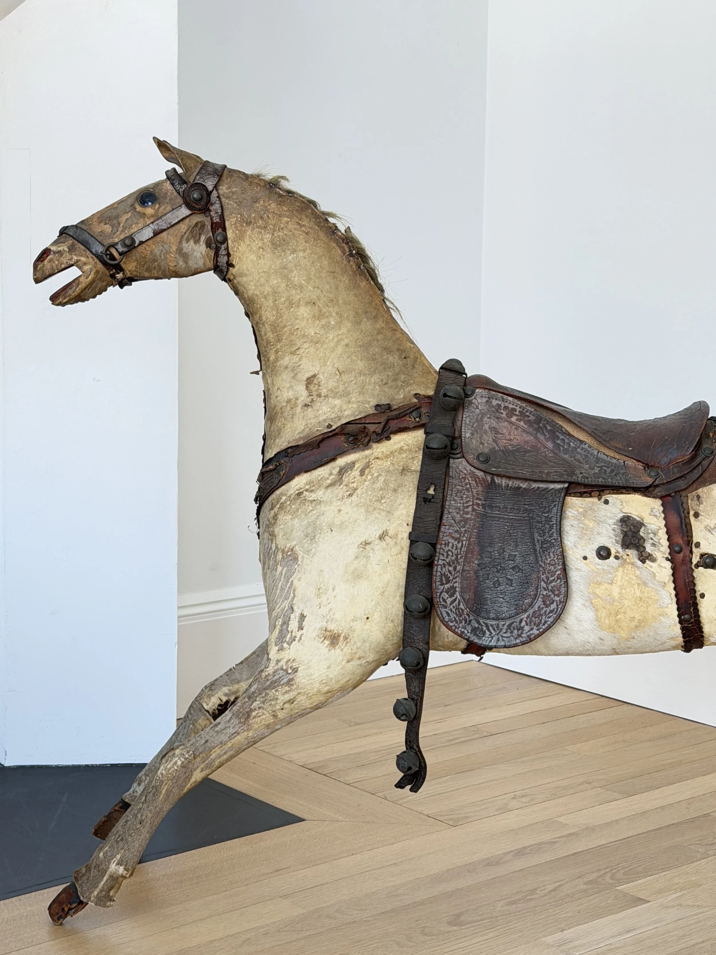 MATERI(A)NTIQUES EXTRA LARGE STITCHED LEATHER, HAIR AND WOOD TOY HORSE.3.jpg