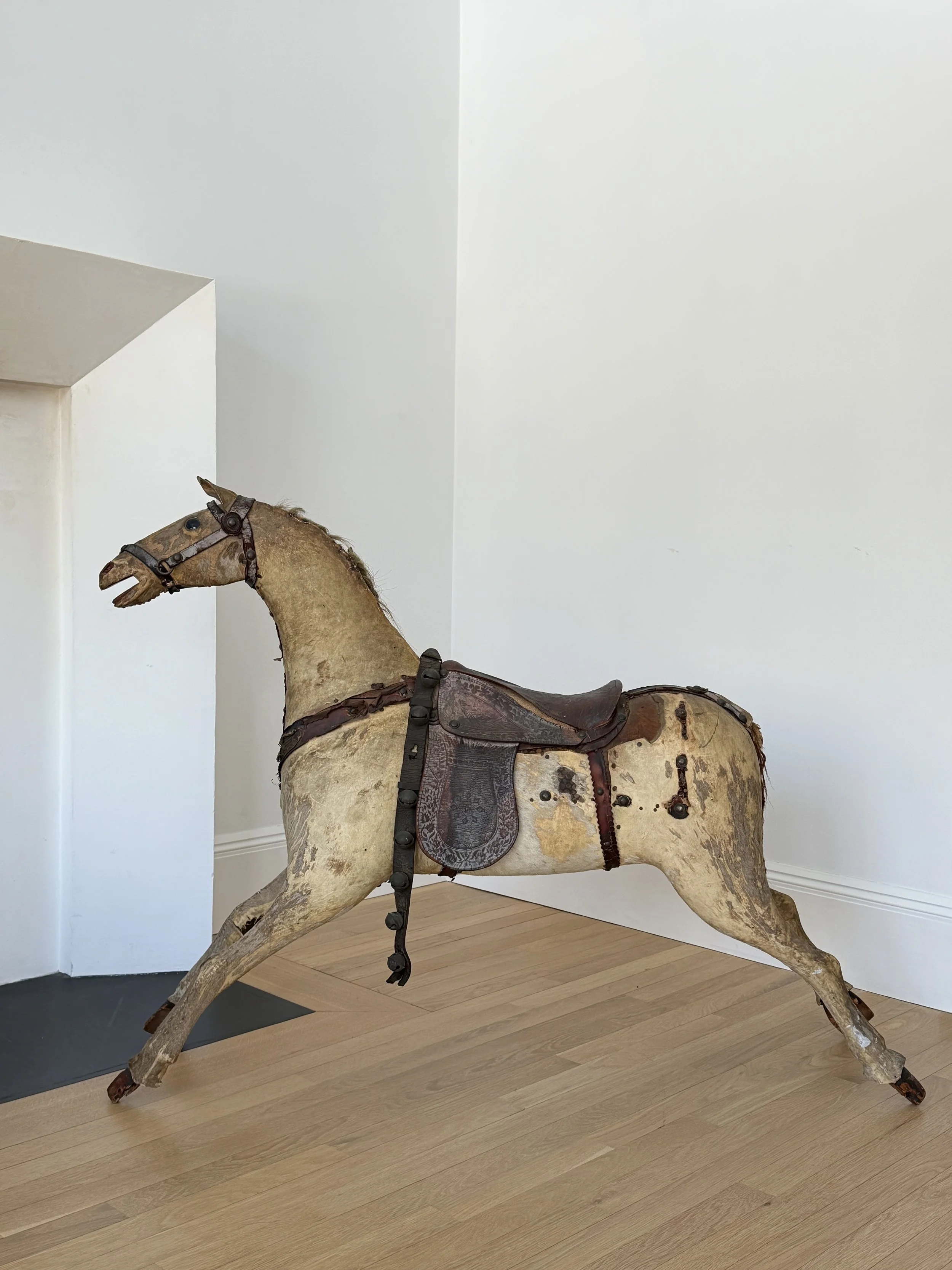 MATERI(A)NTIQUES EXTRA LARGE STITCHED LEATHER, HAIR AND WOOD TOY HORSE.8.jpg